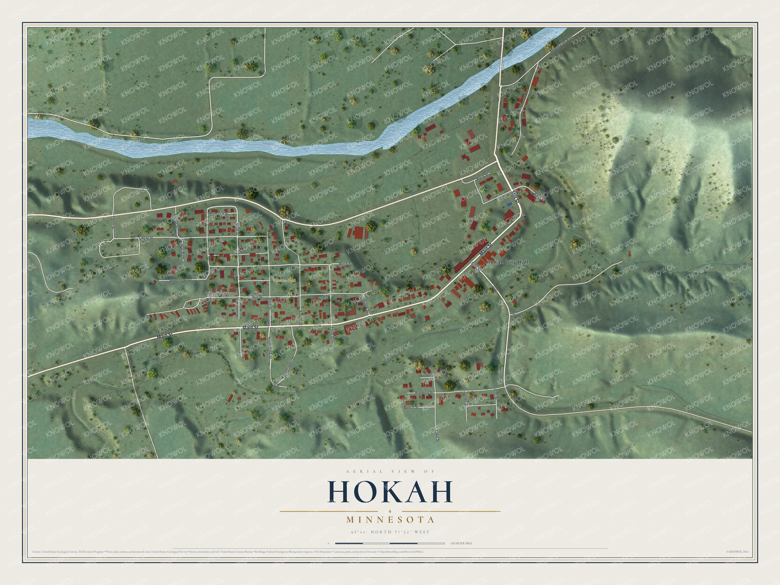 Full map of Hokah, Minnesota, with red buildings, printed street names and the land around them