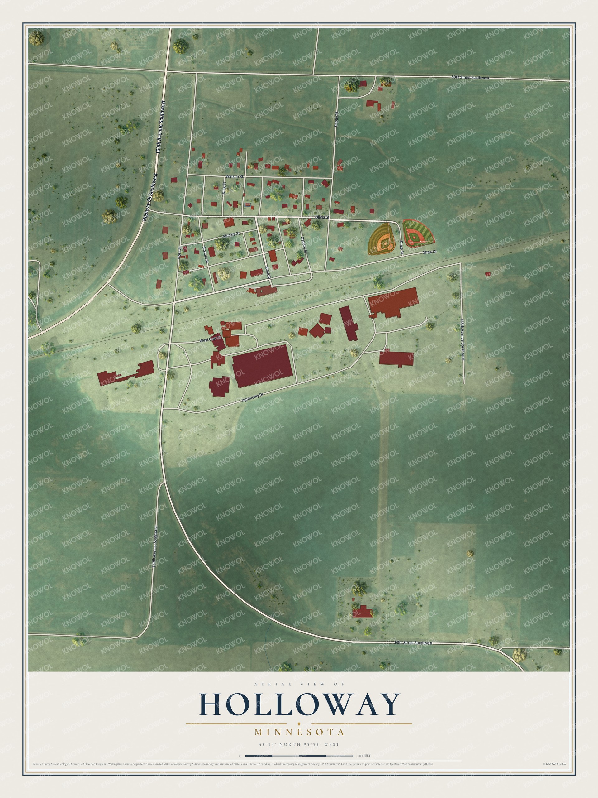 Full map of Holloway, Minnesota, with red buildings, printed street names and the land around them