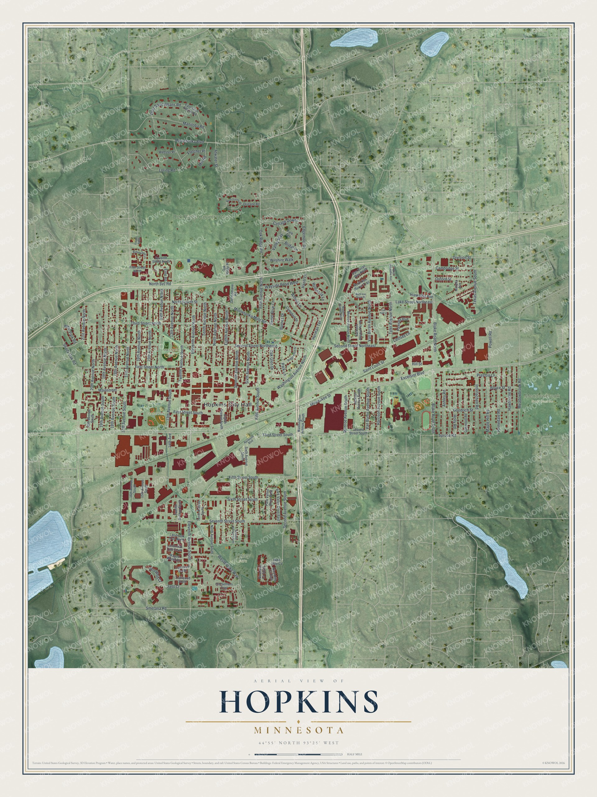 Full map of Hopkins, Minnesota, with red buildings, printed street names and the land around them