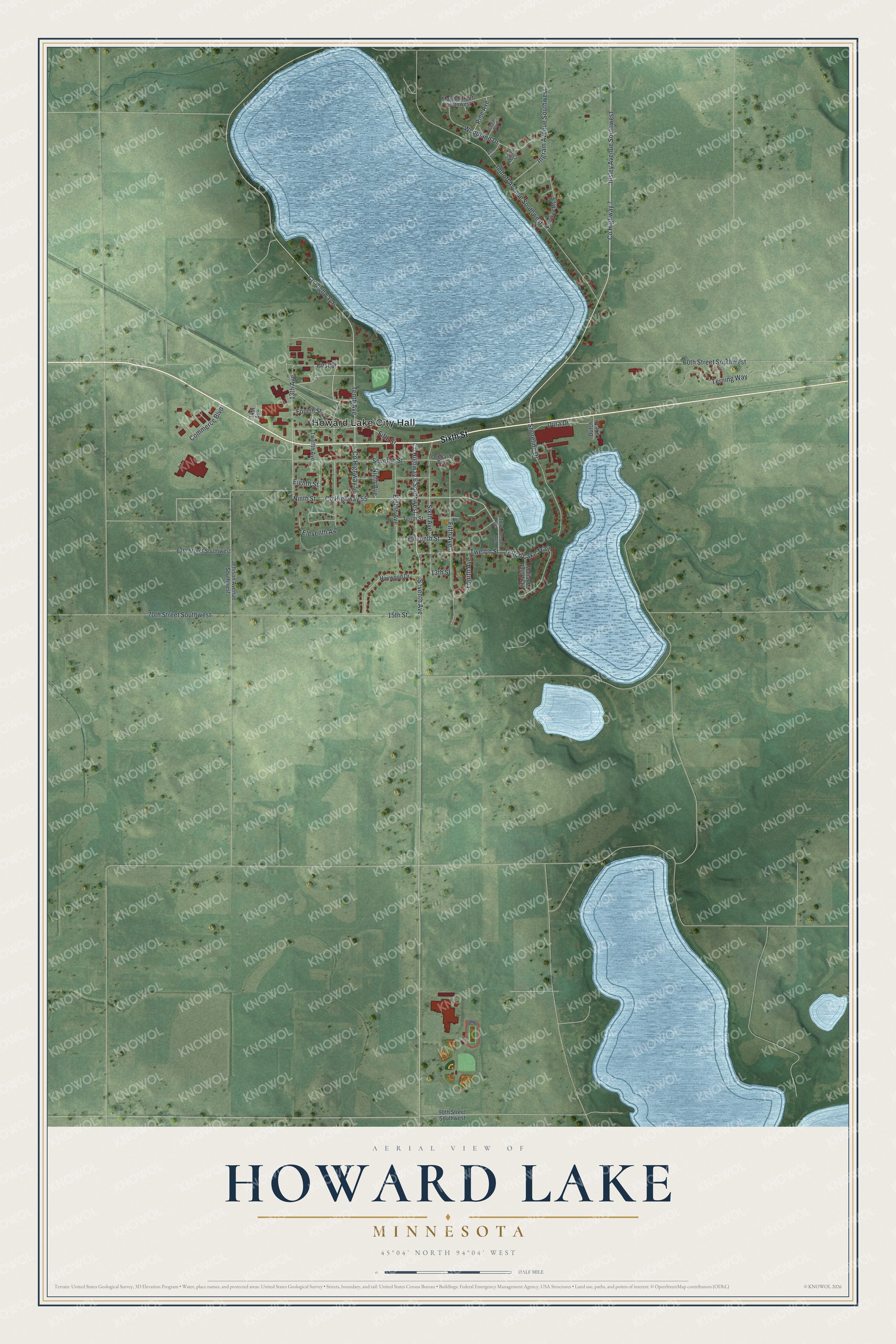 Full map of Howard Lake, Minnesota, with red buildings, printed street names and the land around them