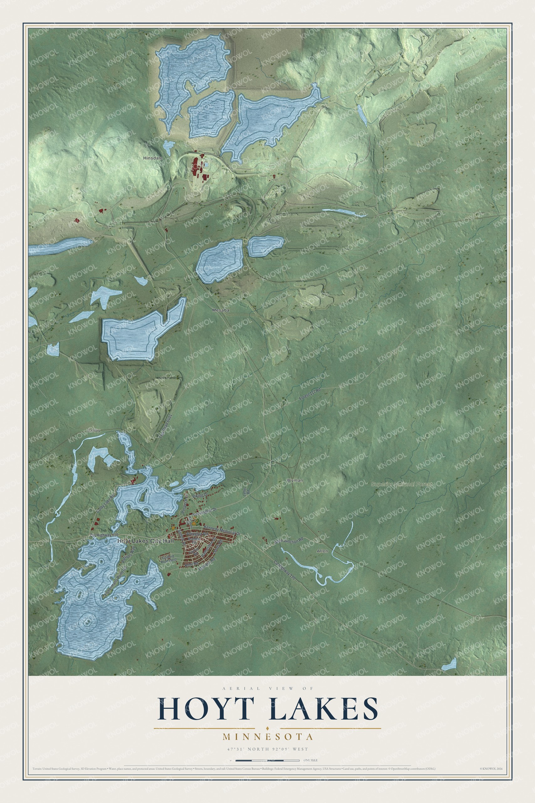 Full map of Hoyt Lakes, Minnesota, with red buildings, printed street names and the land around them