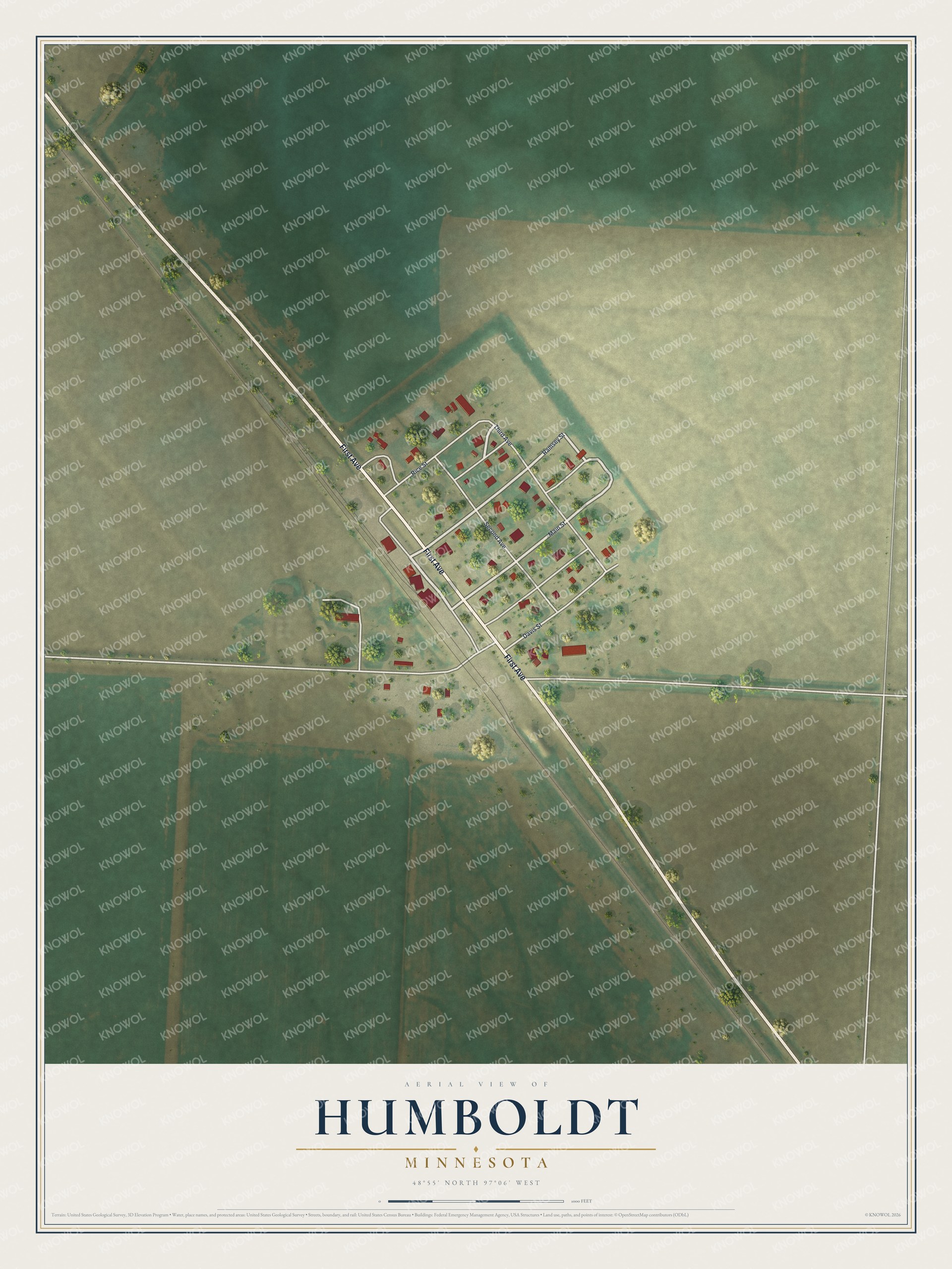 Full map of Humboldt, Minnesota, with red buildings, printed street names and the land around them