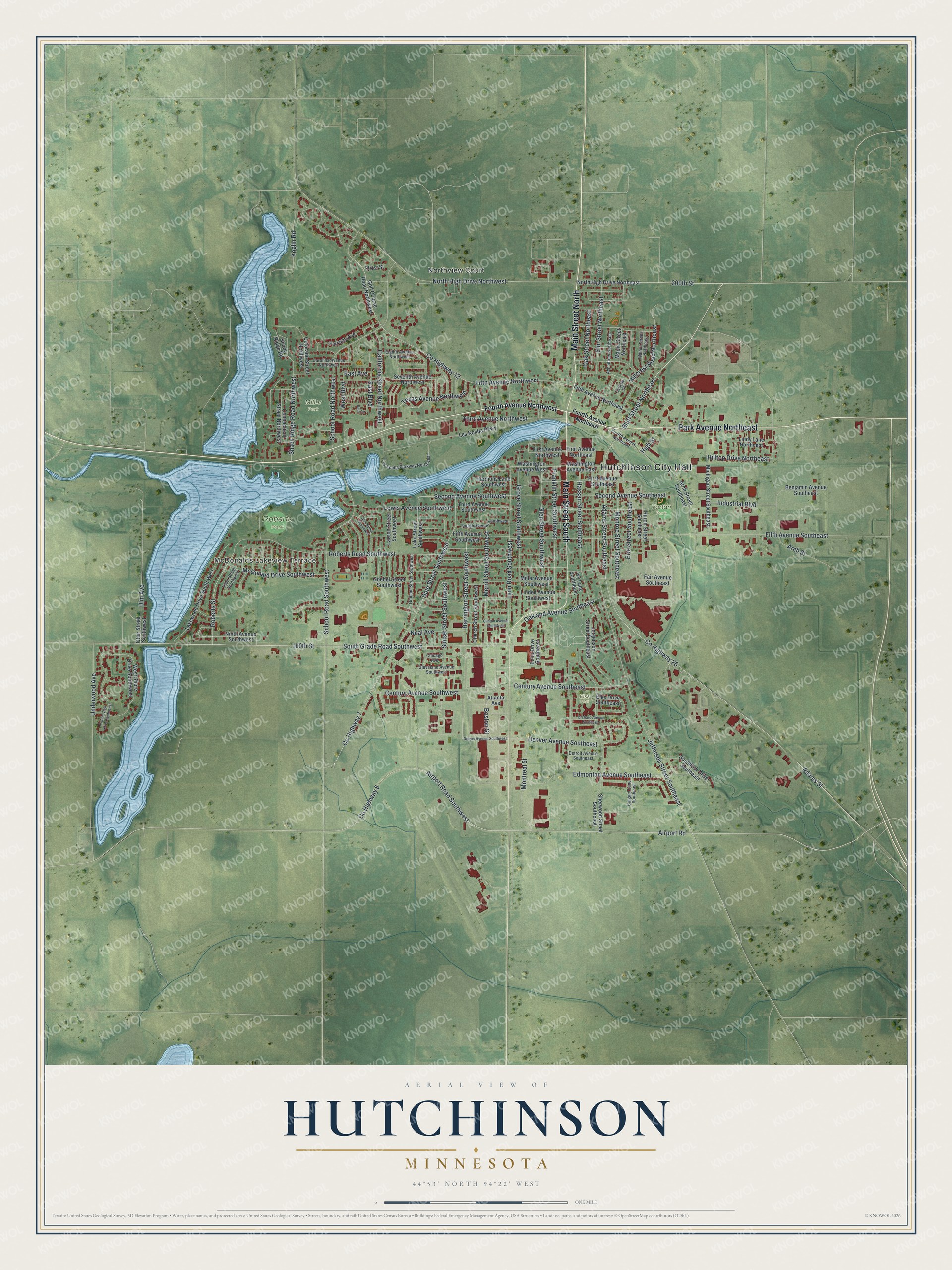 Full map of Hutchinson, Minnesota, with red buildings, printed street names and the land around them
