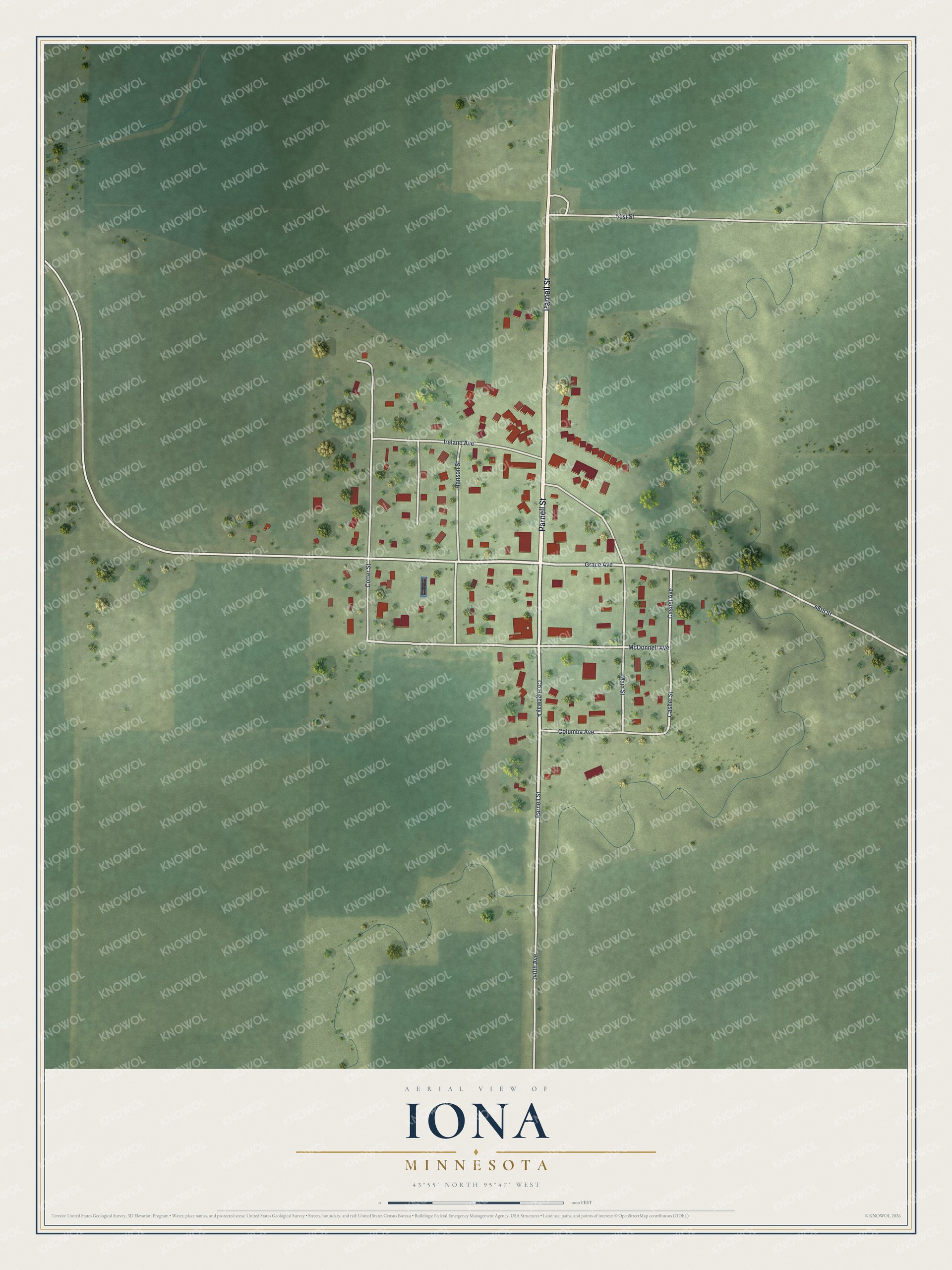Full map of Iona, Minnesota, with red buildings, printed street names and the land around them