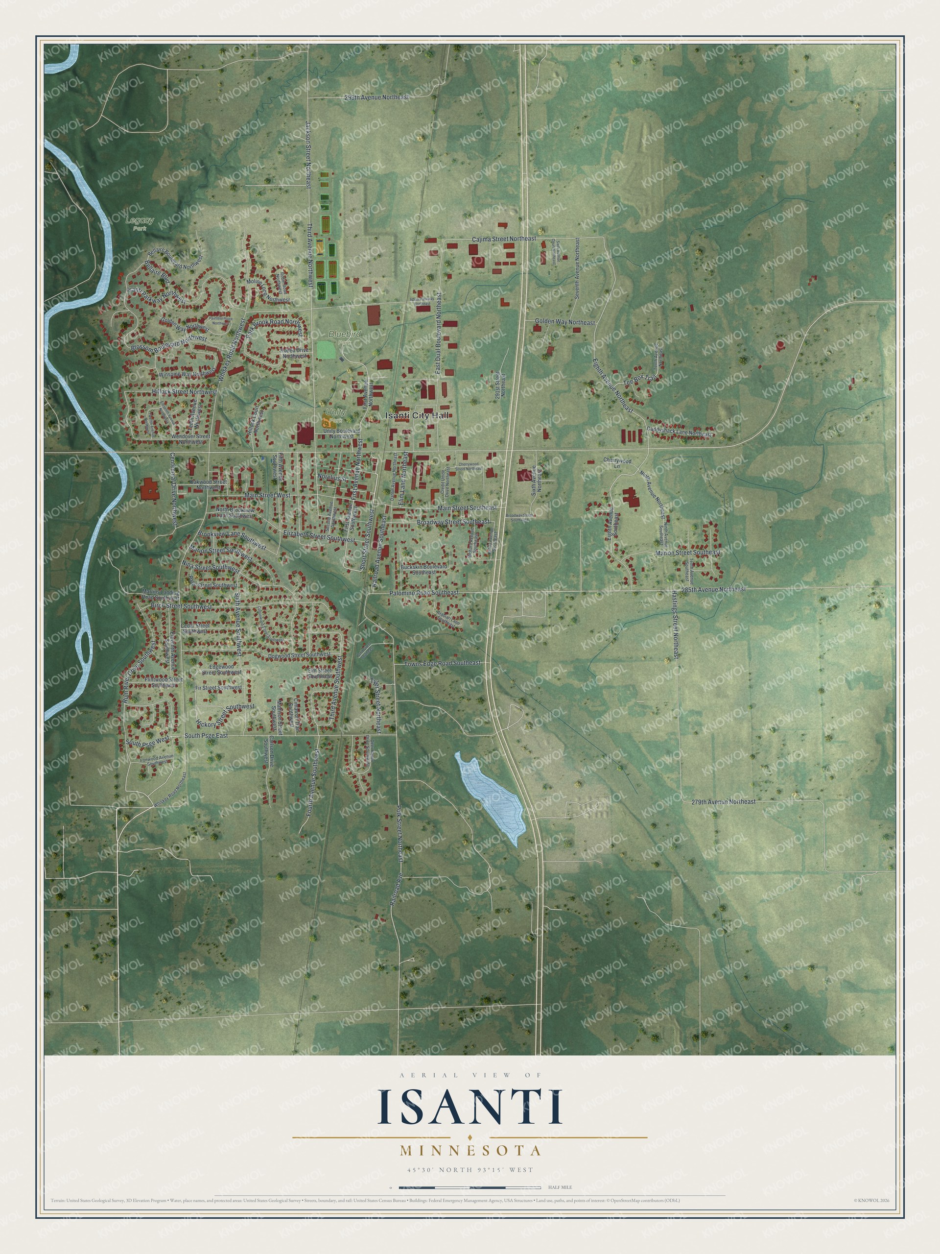 Full map of Isanti, Minnesota, with red buildings, printed street names and the land around them