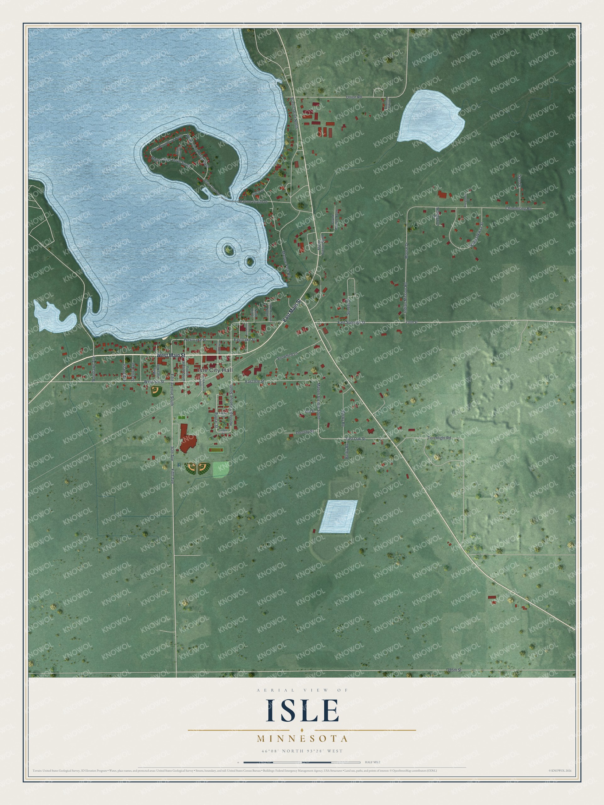 Full map of Isle, Minnesota, with red buildings, printed street names and the land around them