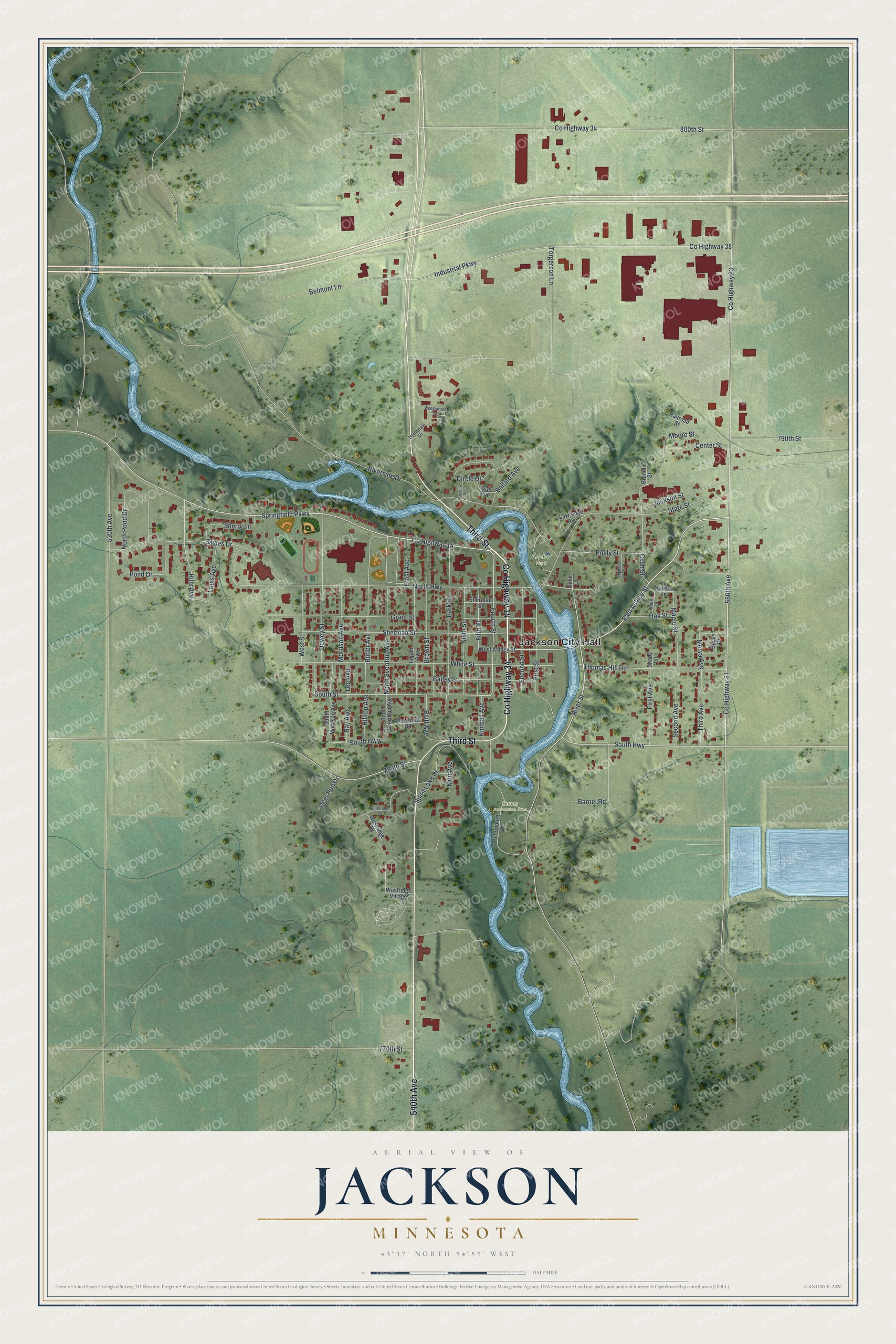 Full map of Jackson, Minnesota, with red buildings, printed street names and the land around them
