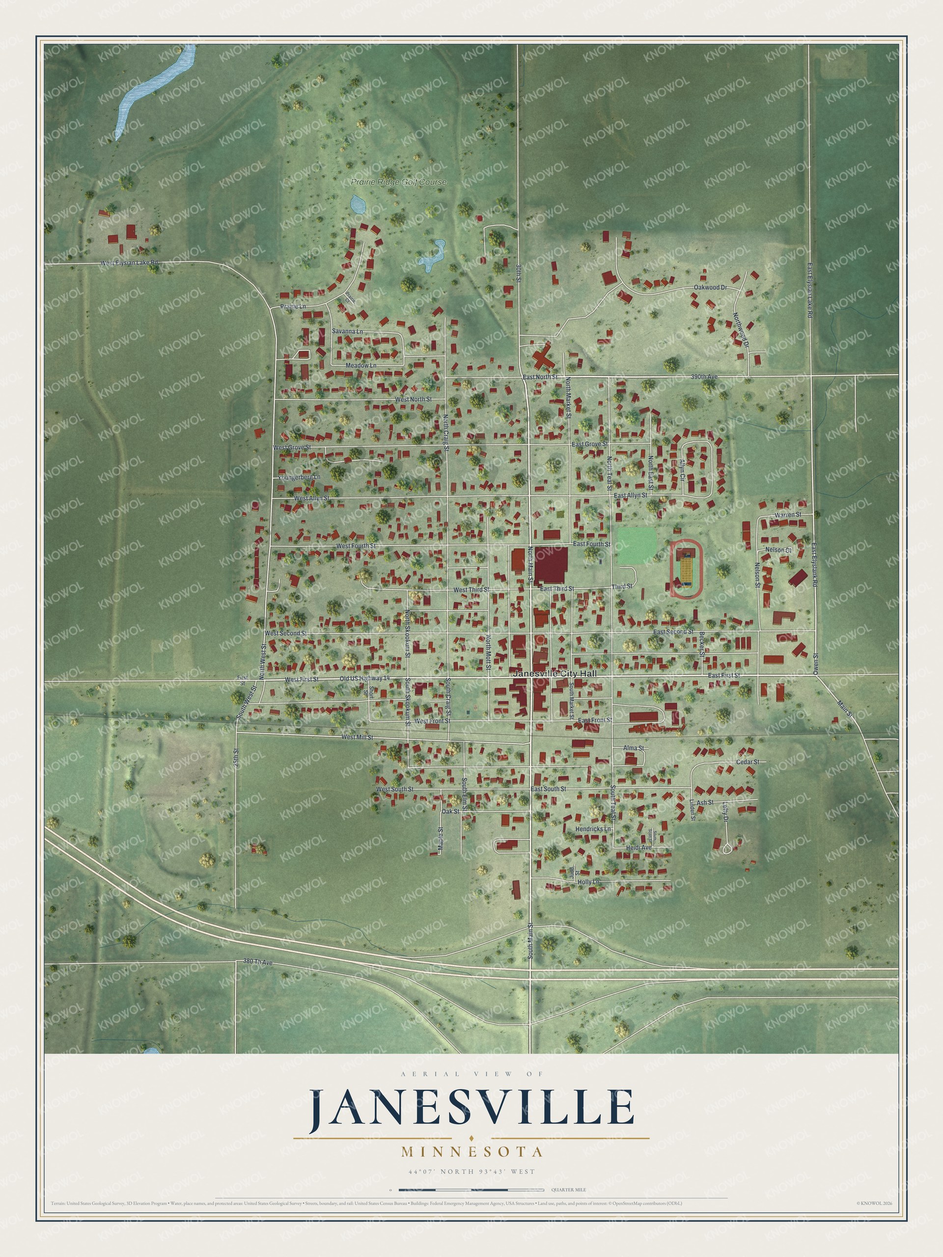 Full map of Janesville, Minnesota, with red buildings, printed street names and the land around them