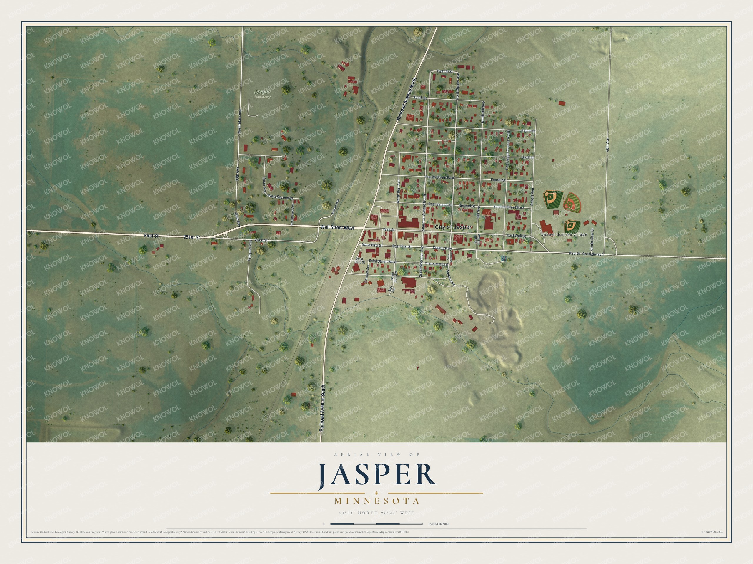 Full map of Jasper, Minnesota, with red buildings, printed street names and the land around them