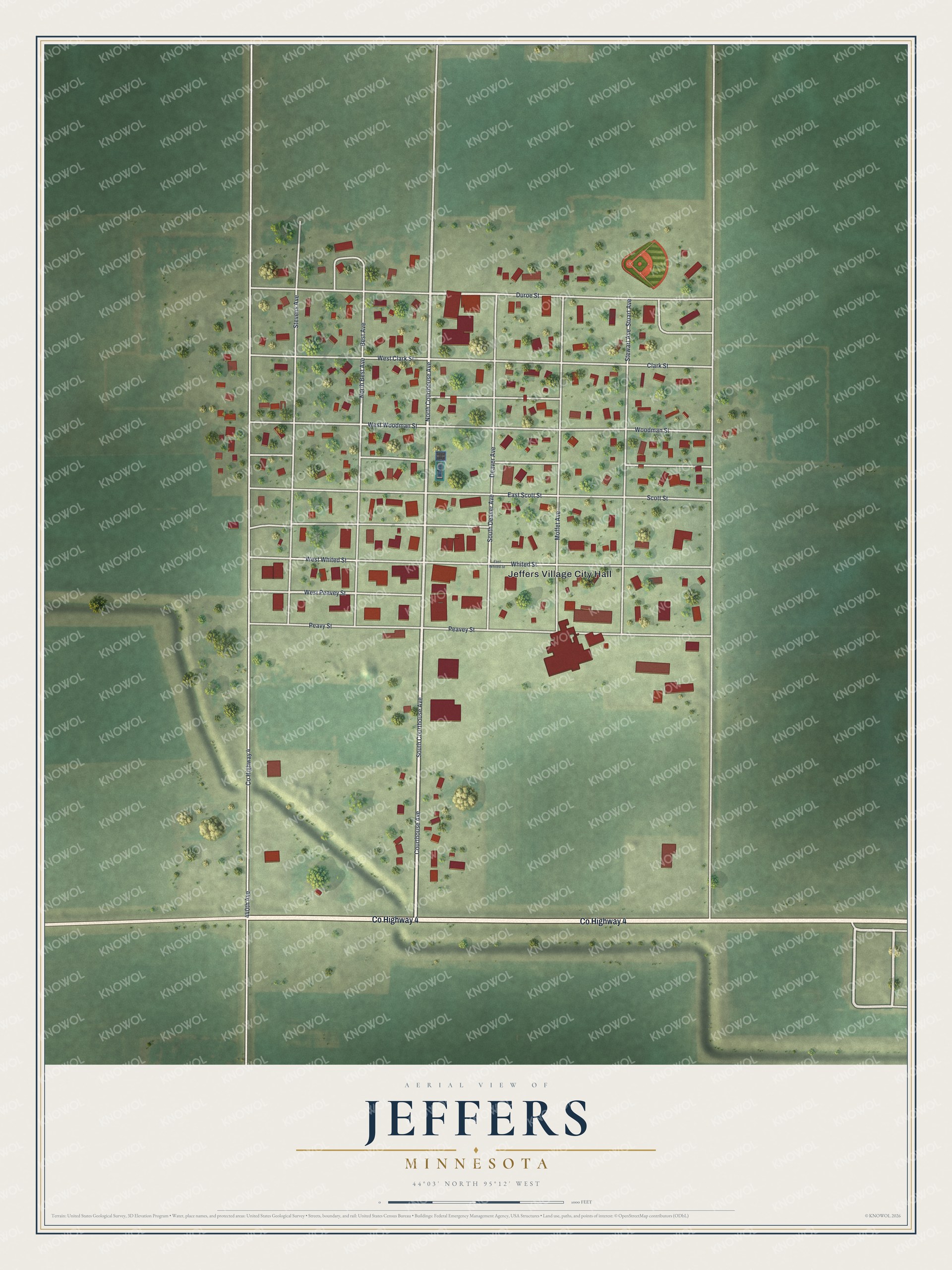 Full map of Jeffers, Minnesota, with red buildings, printed street names and the land around them