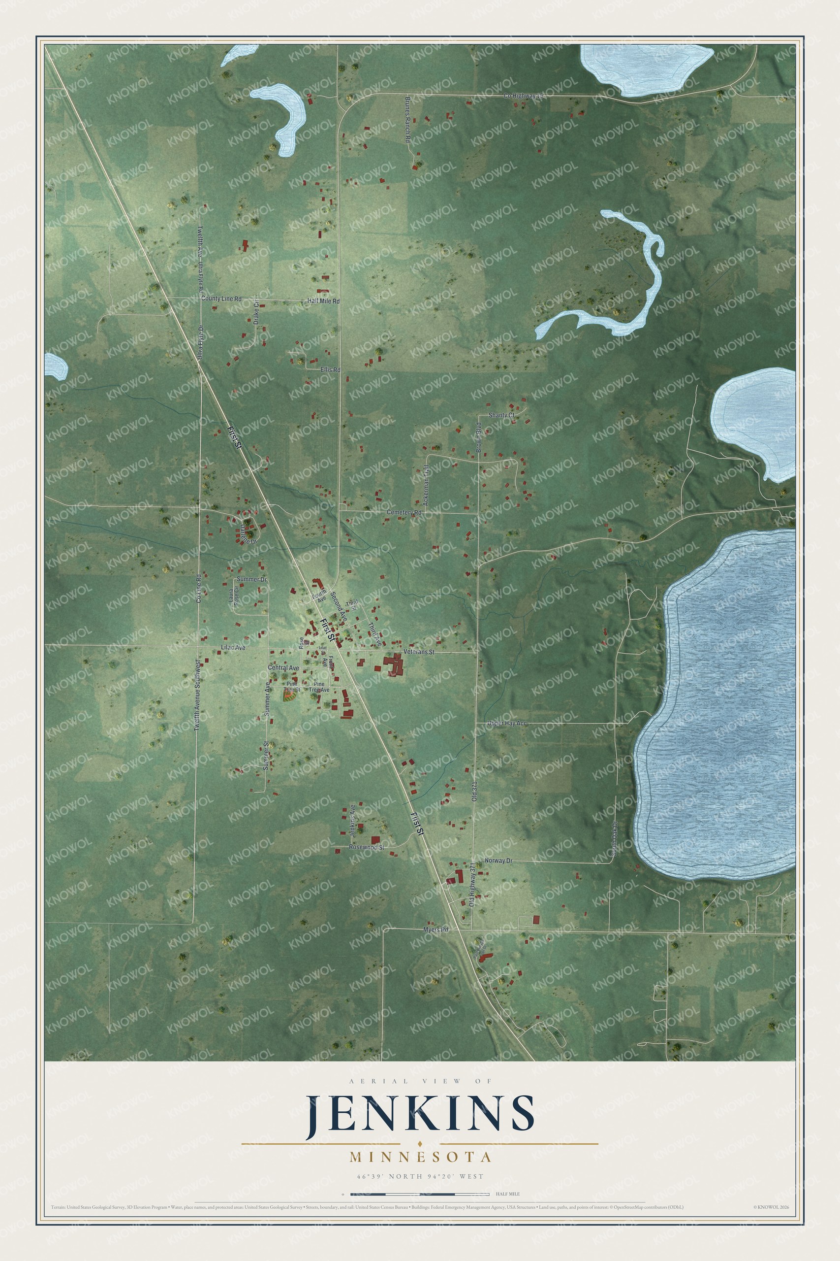 Full map of Jenkins, Minnesota, with red buildings, printed street names and the land around them