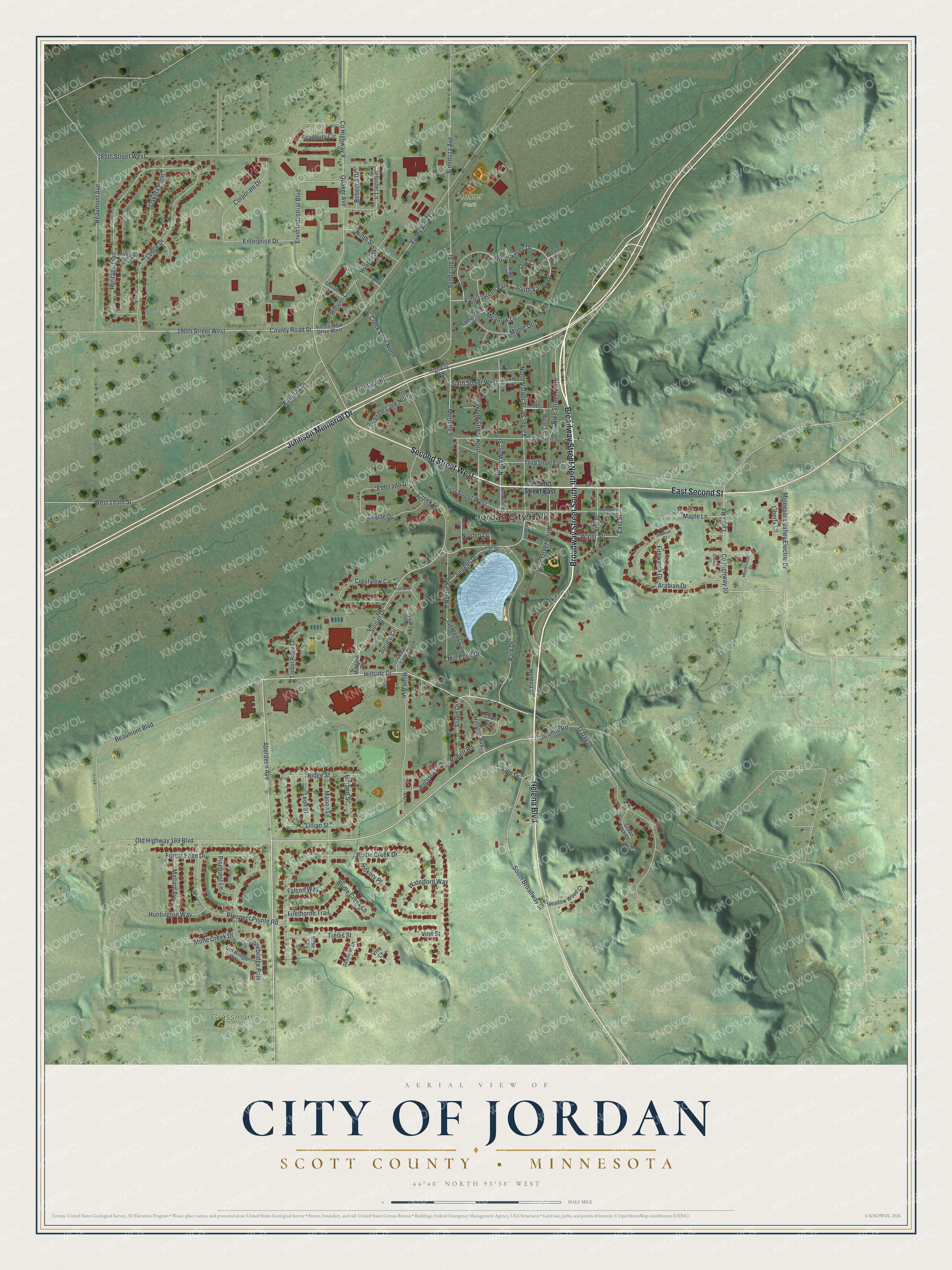 Full map of Jordan, Minnesota, with red buildings, printed street names and the land around them
