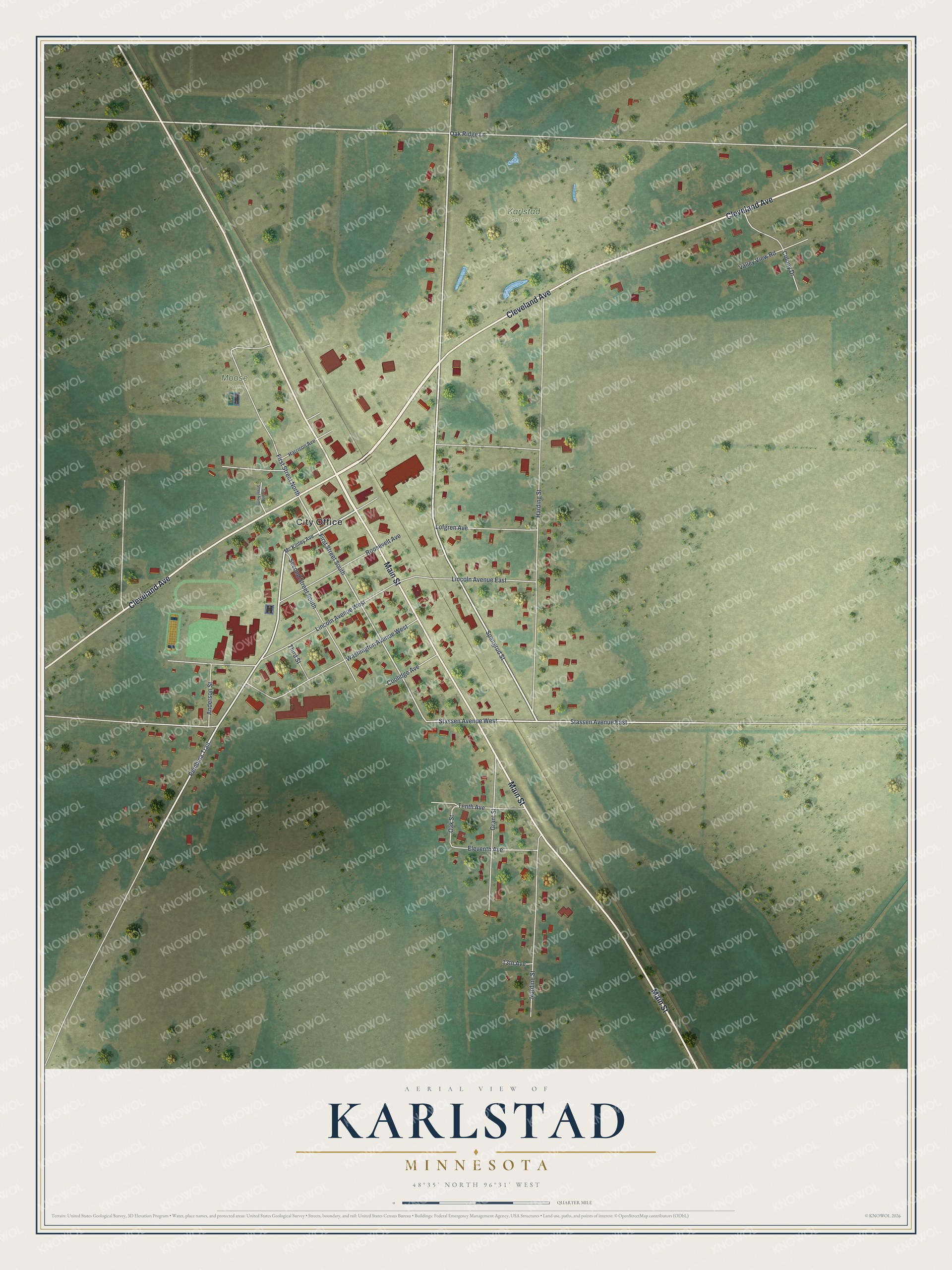 Full map of Karlstad, Minnesota, with red buildings, printed street names and the land around them