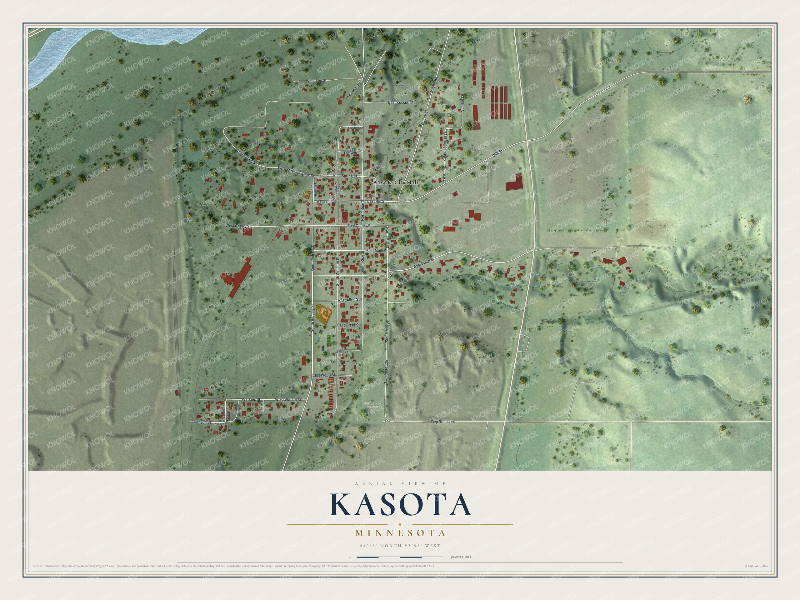 Full map of Kasota, Minnesota, with red buildings, printed street names and the land around them