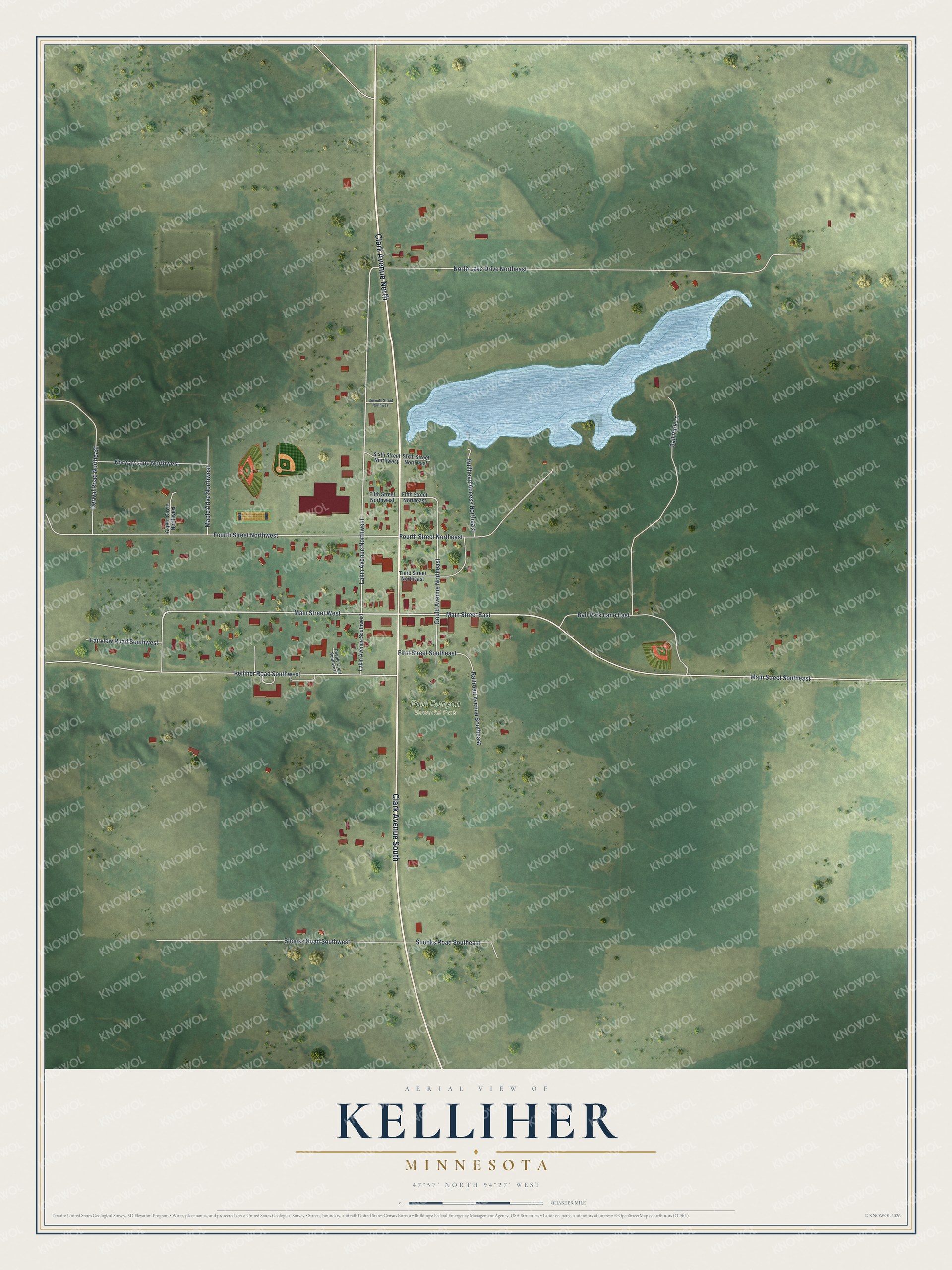 Full map of Kelliher, Minnesota, with red buildings, printed street names and the land around them