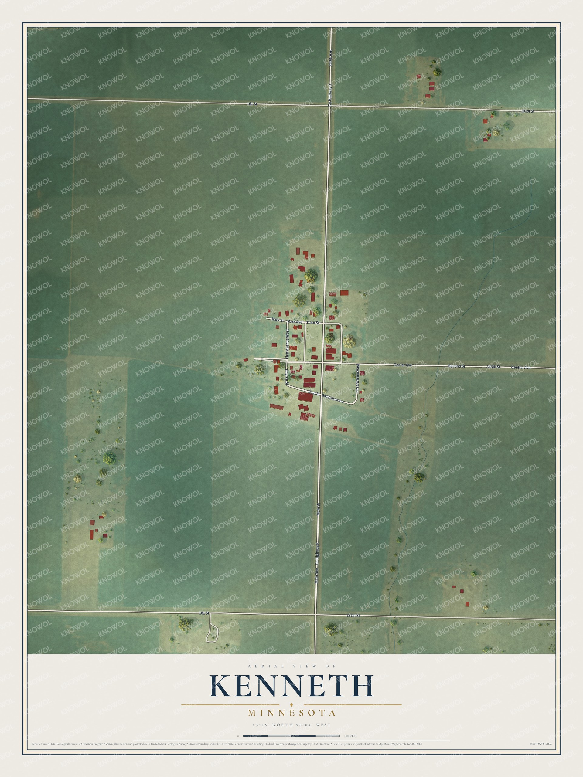 Full map of Kenneth, Minnesota, with red buildings, printed street names and the land around them