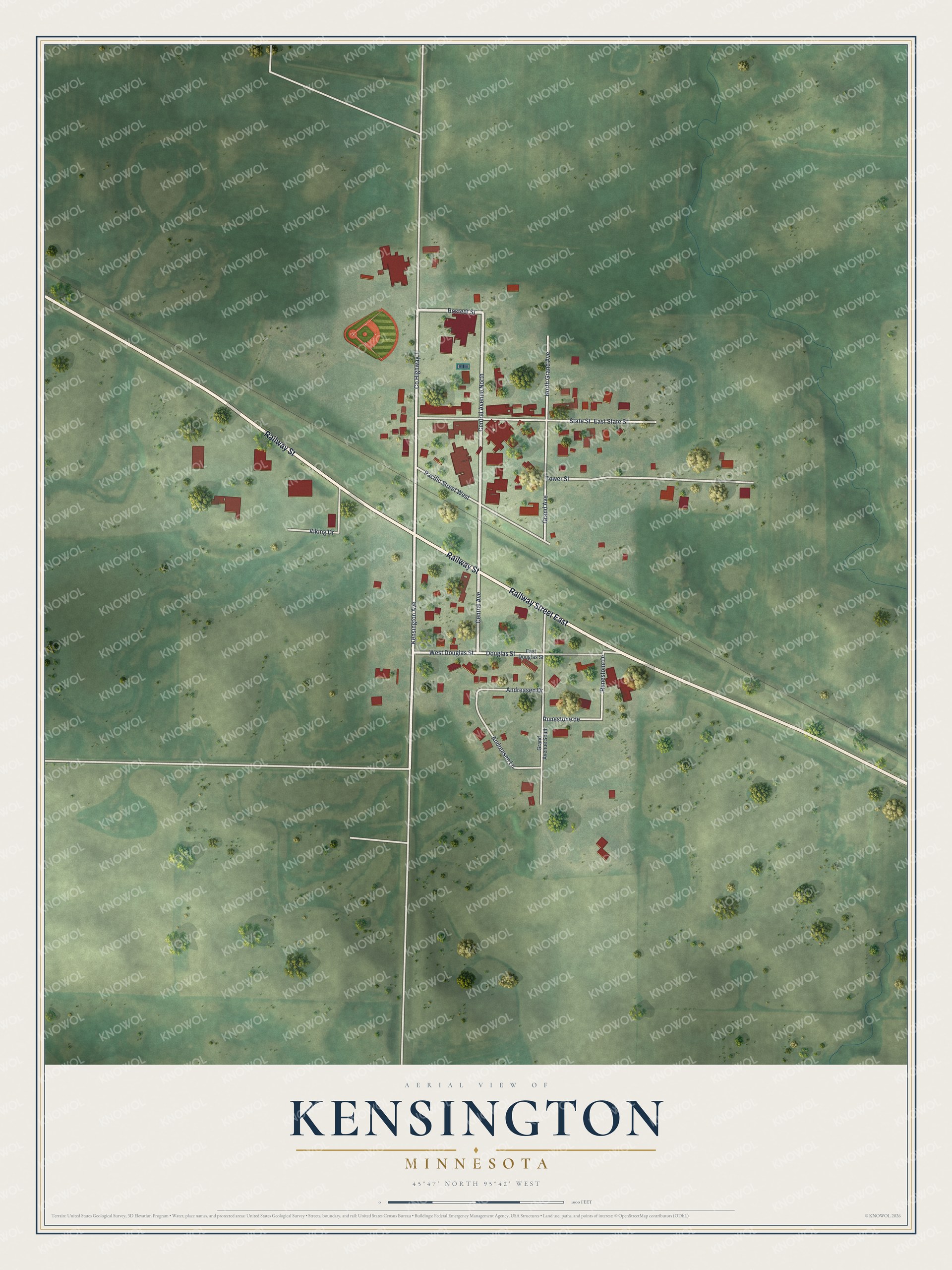 Full map of Kensington, Minnesota, with red buildings, printed street names and the land around them