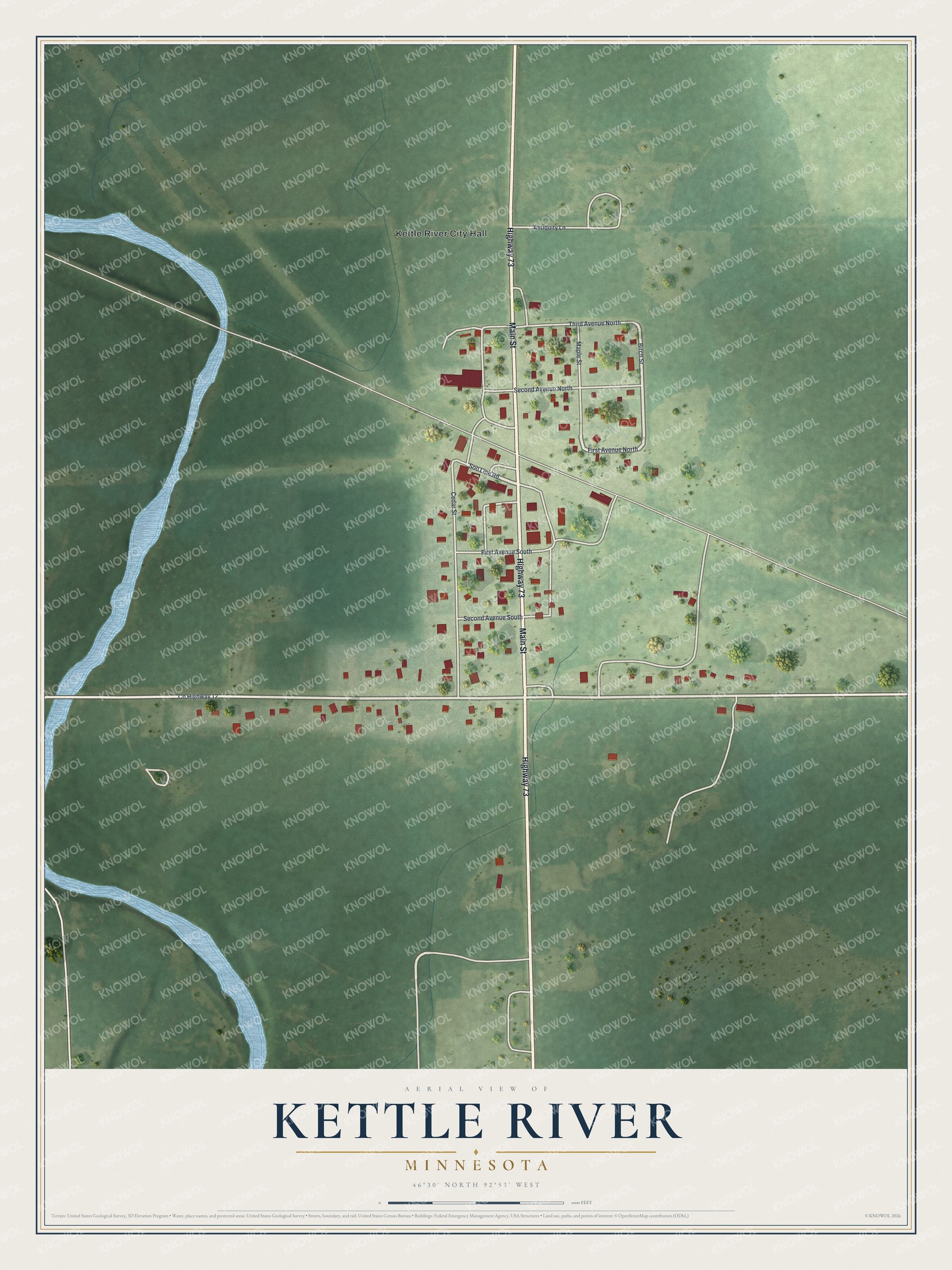 Full map of Kettle River, Minnesota, with red buildings, printed street names and the land around them