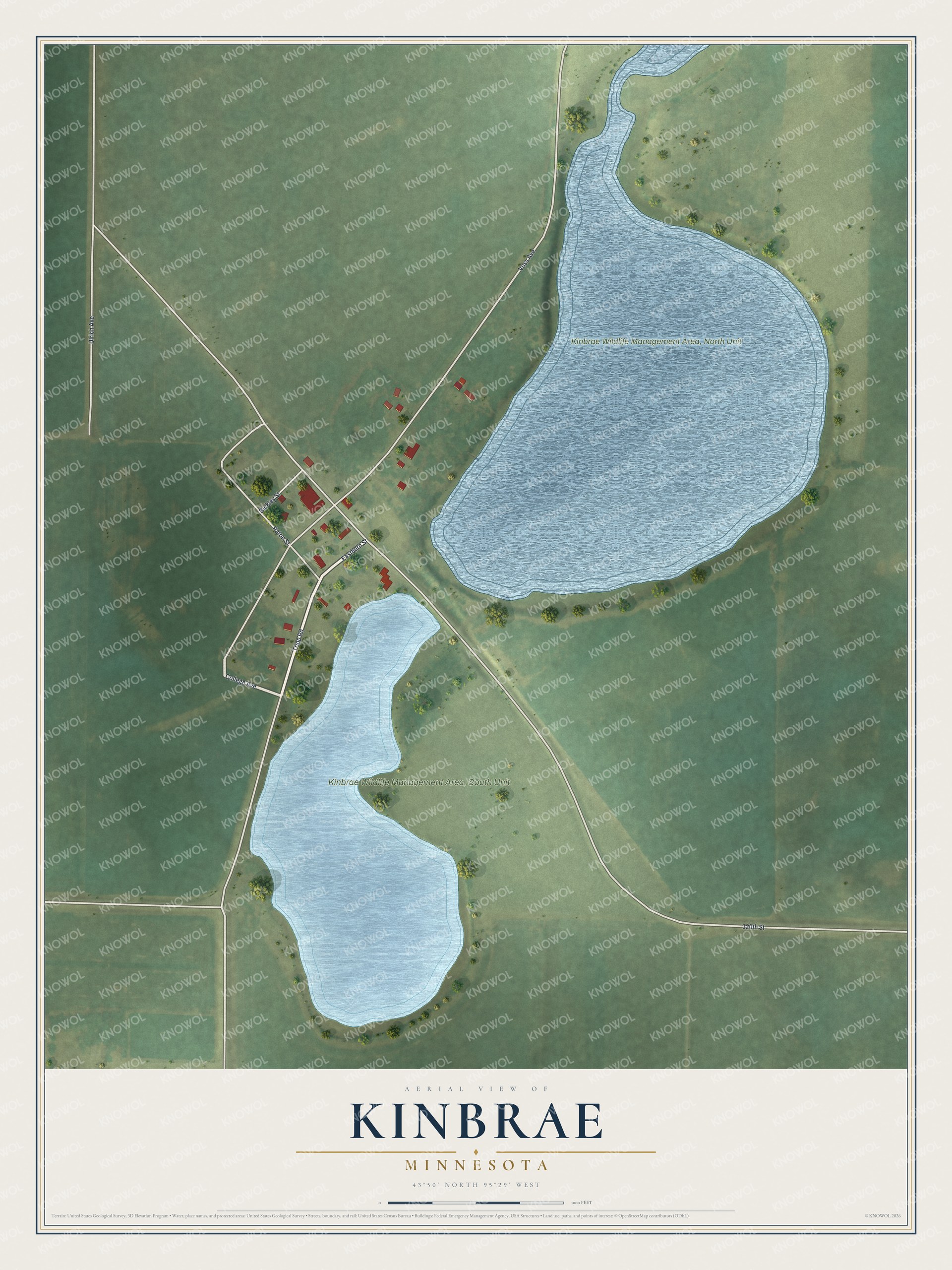 Full map of Kinbrae, Minnesota, with red buildings, printed street names and the land around them