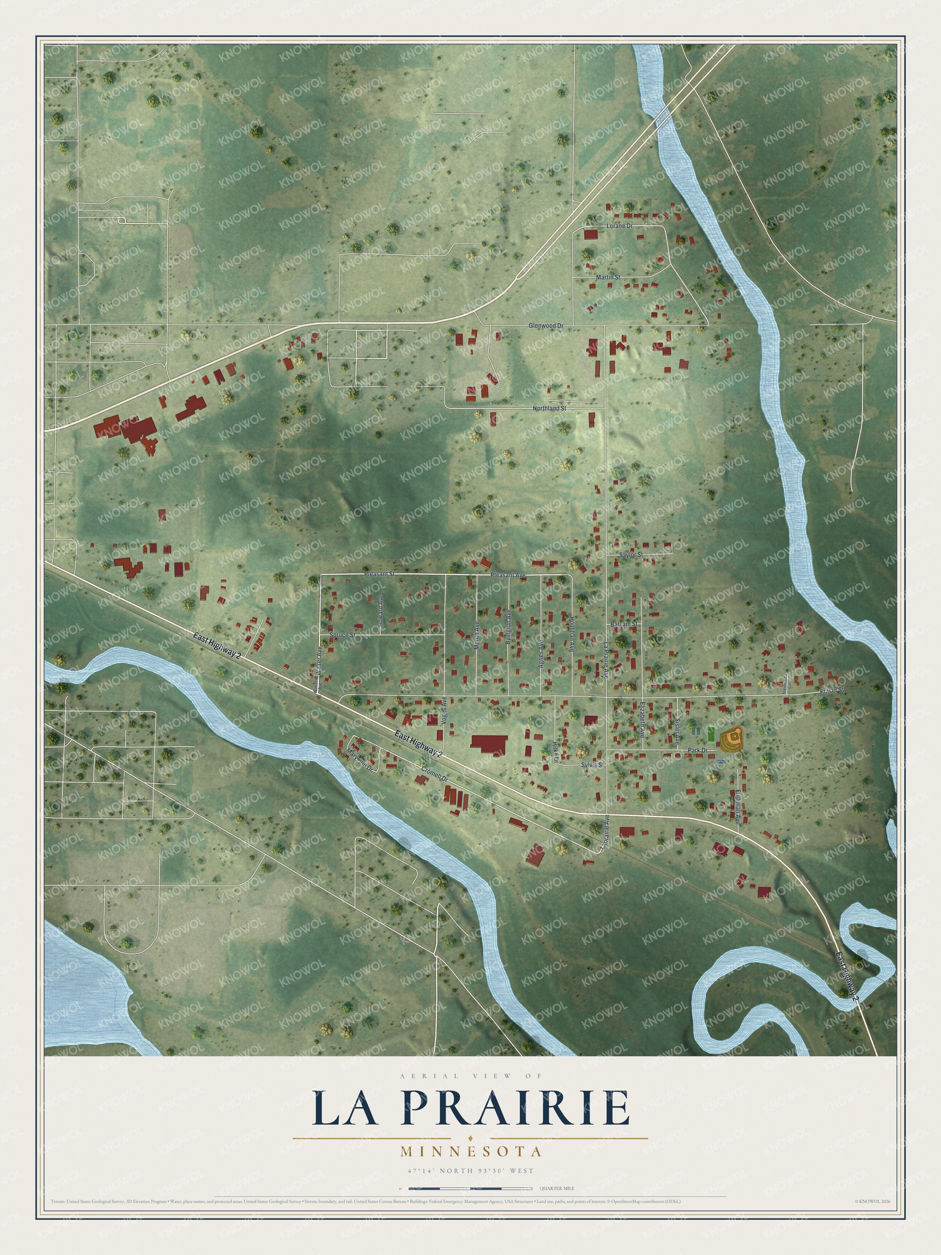 Full map of La Prairie, Minnesota, with red buildings, printed street names and the land around them