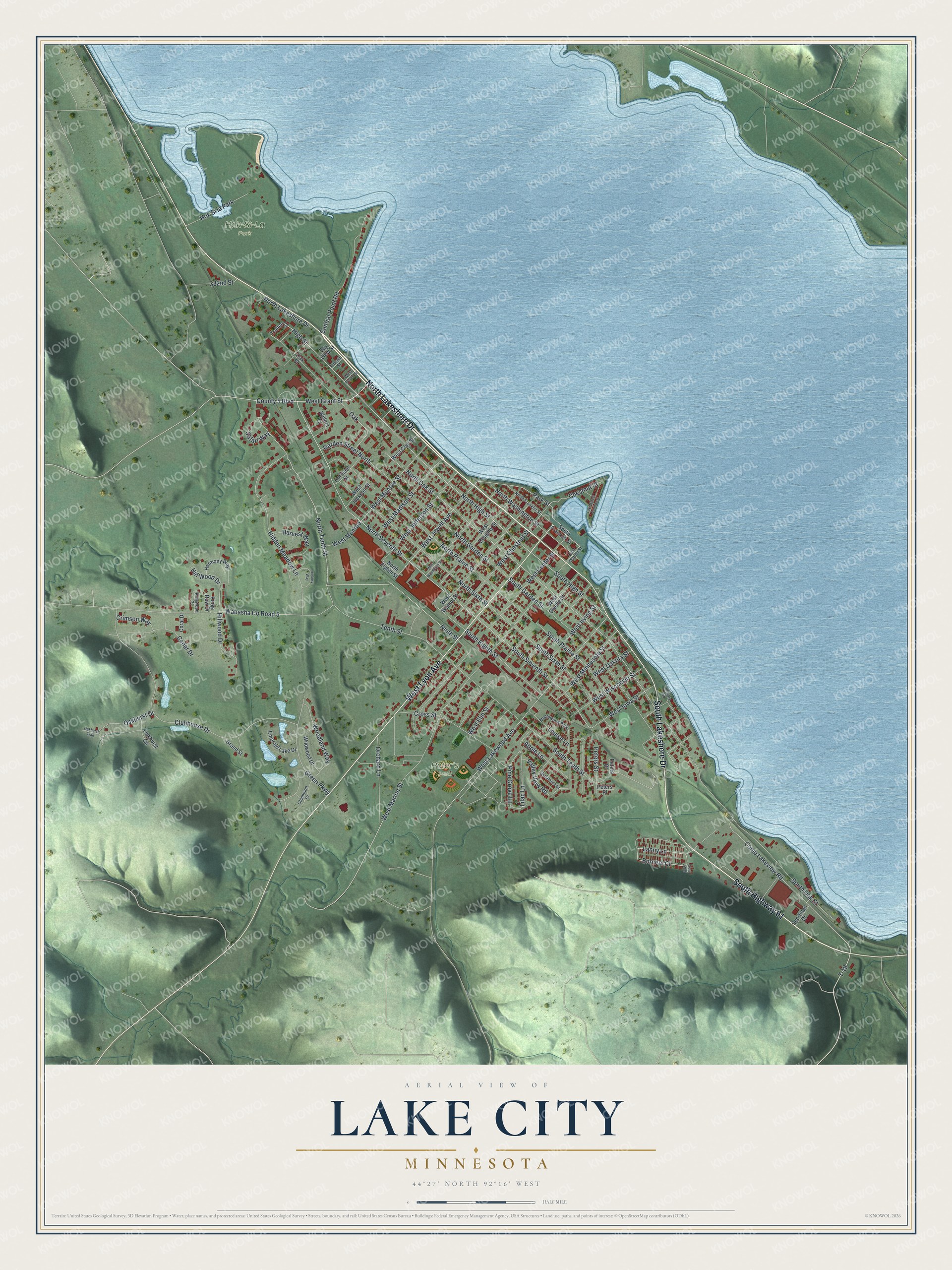 Full map of Lake City, Minnesota, with red buildings, printed street names and the land around them