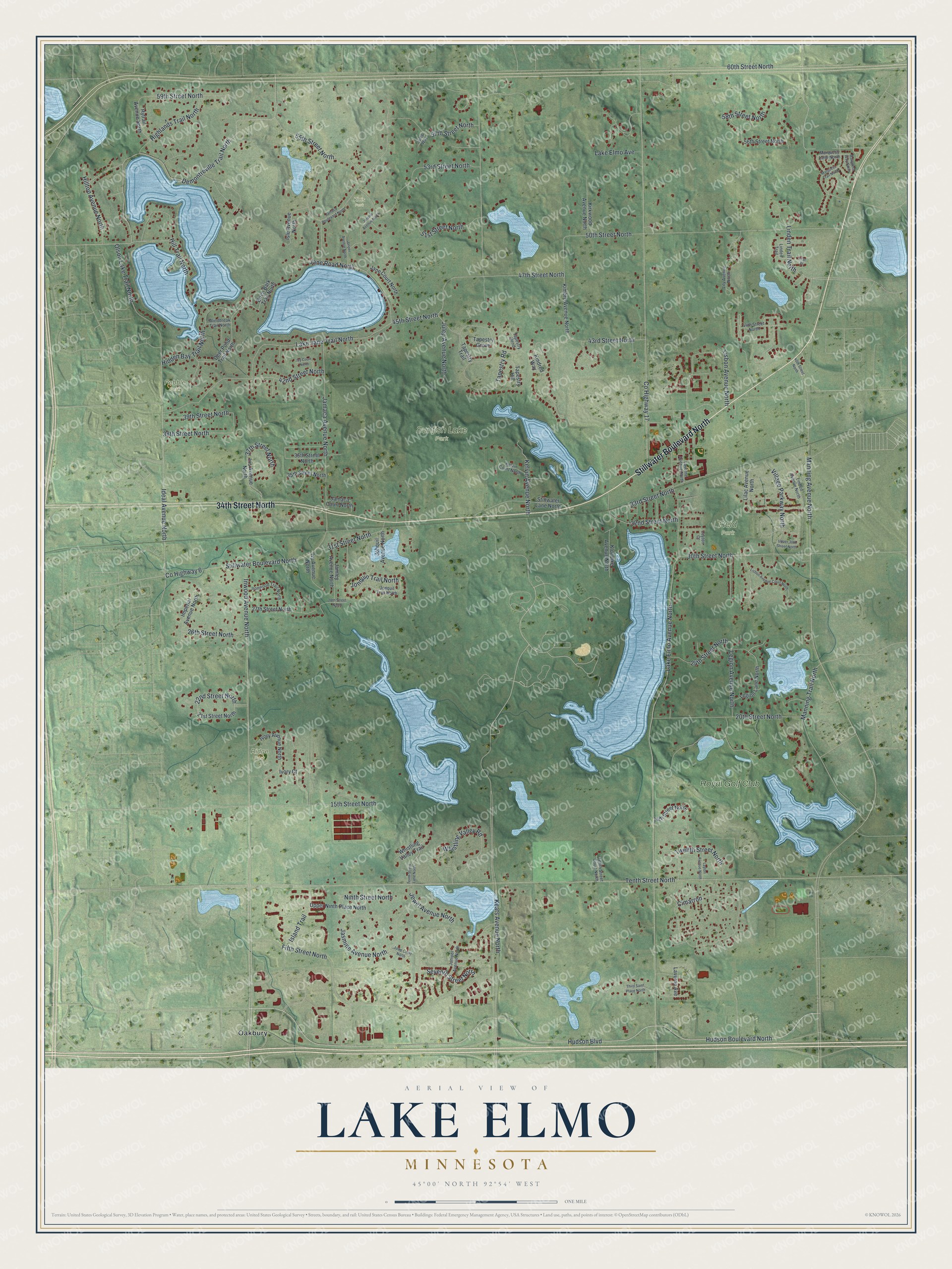 Full map of Lake Elmo, Minnesota, with red buildings, printed street names and the land around them