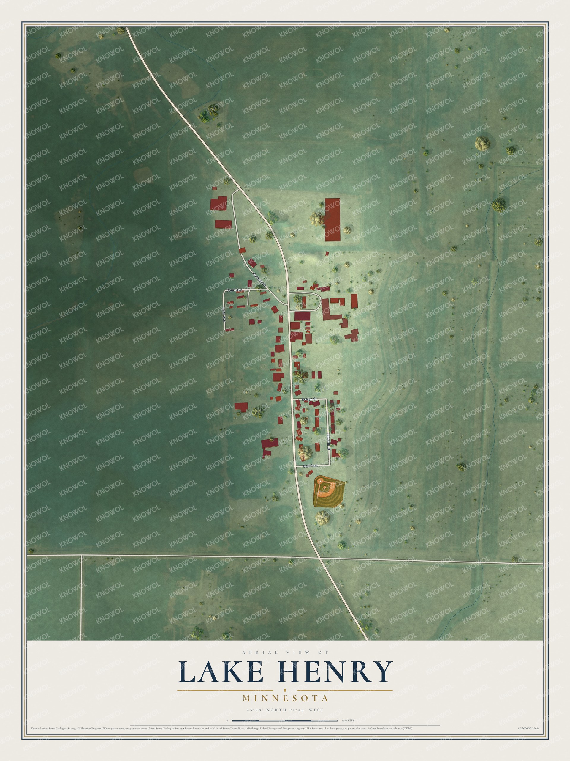 Full map of Lake Henry, Minnesota, with red buildings, printed street names and the land around them