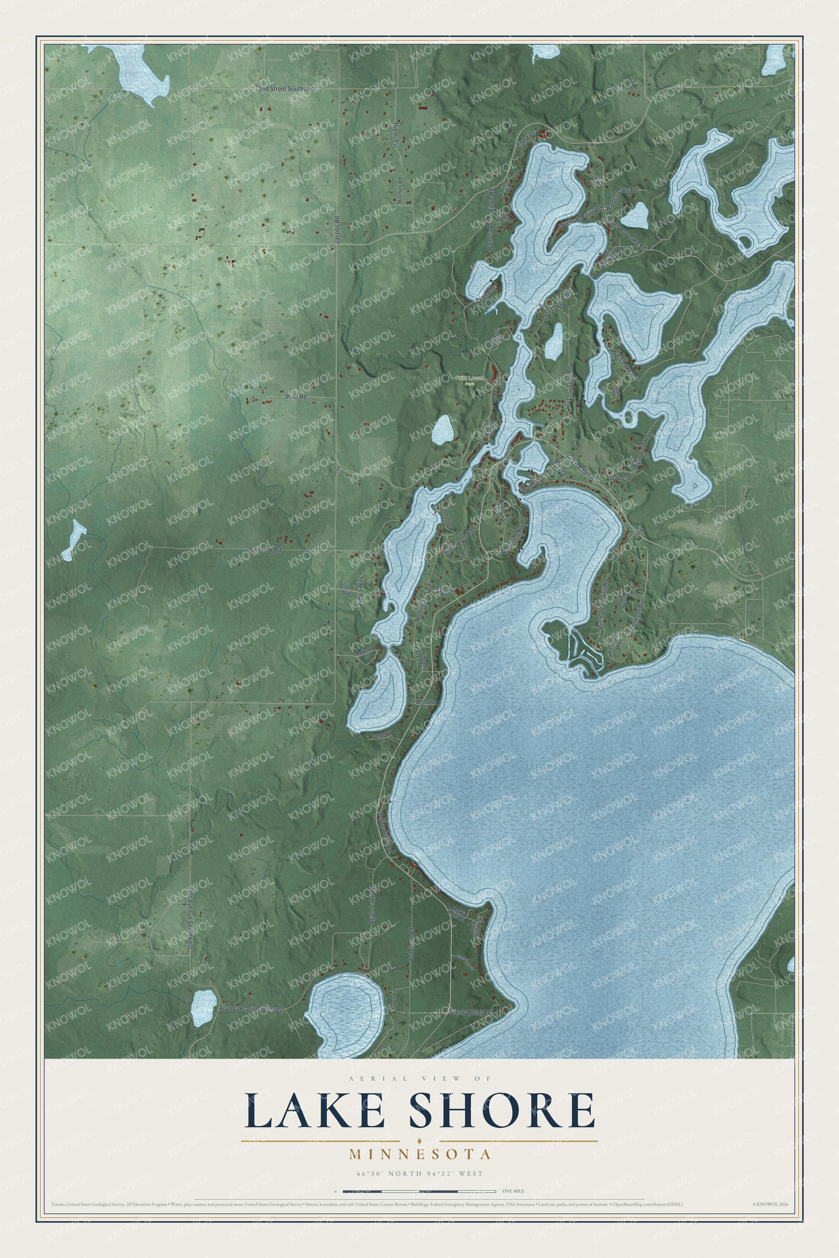Full map of Lake Shore, Minnesota, with red buildings, printed street names and the land around them