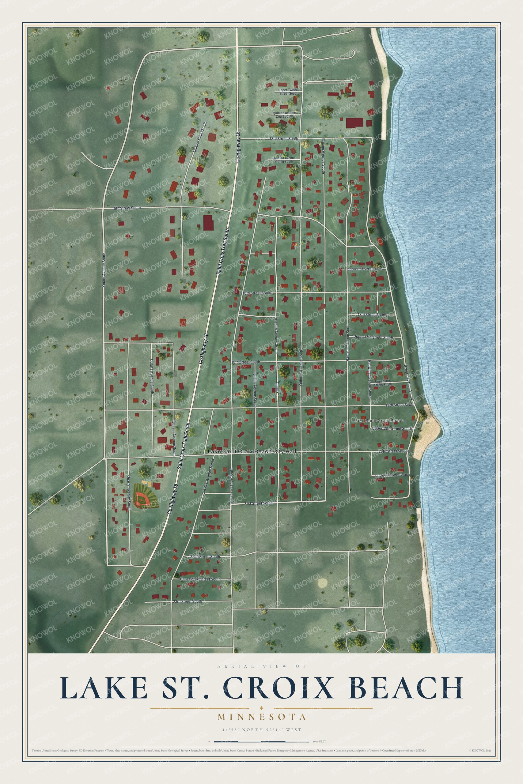 Full map of Lake St. Croix Beach, Minnesota, with red buildings, printed street names and the land around them