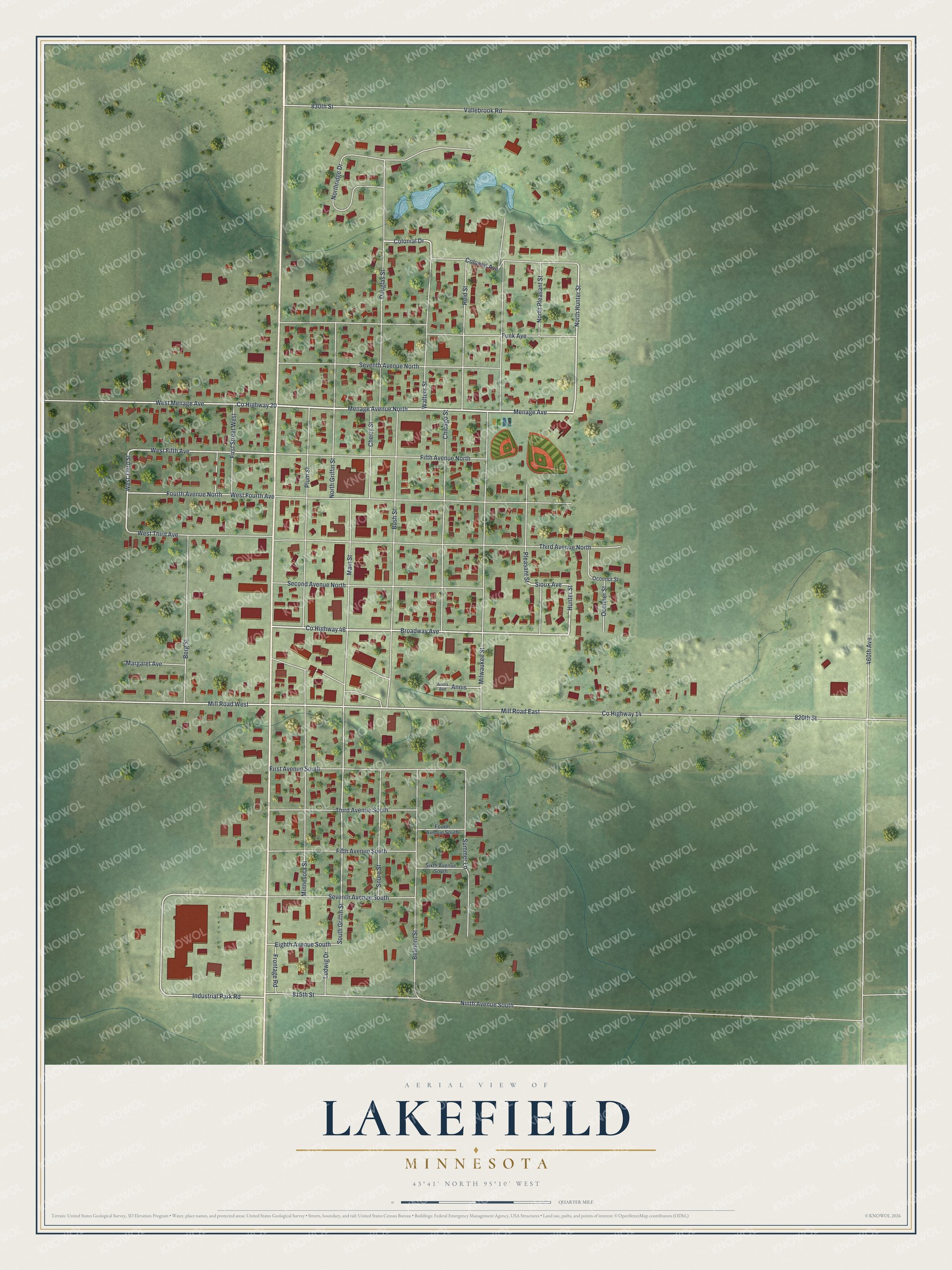 Full map of Lakefield, Minnesota, with red buildings, printed street names and the land around them