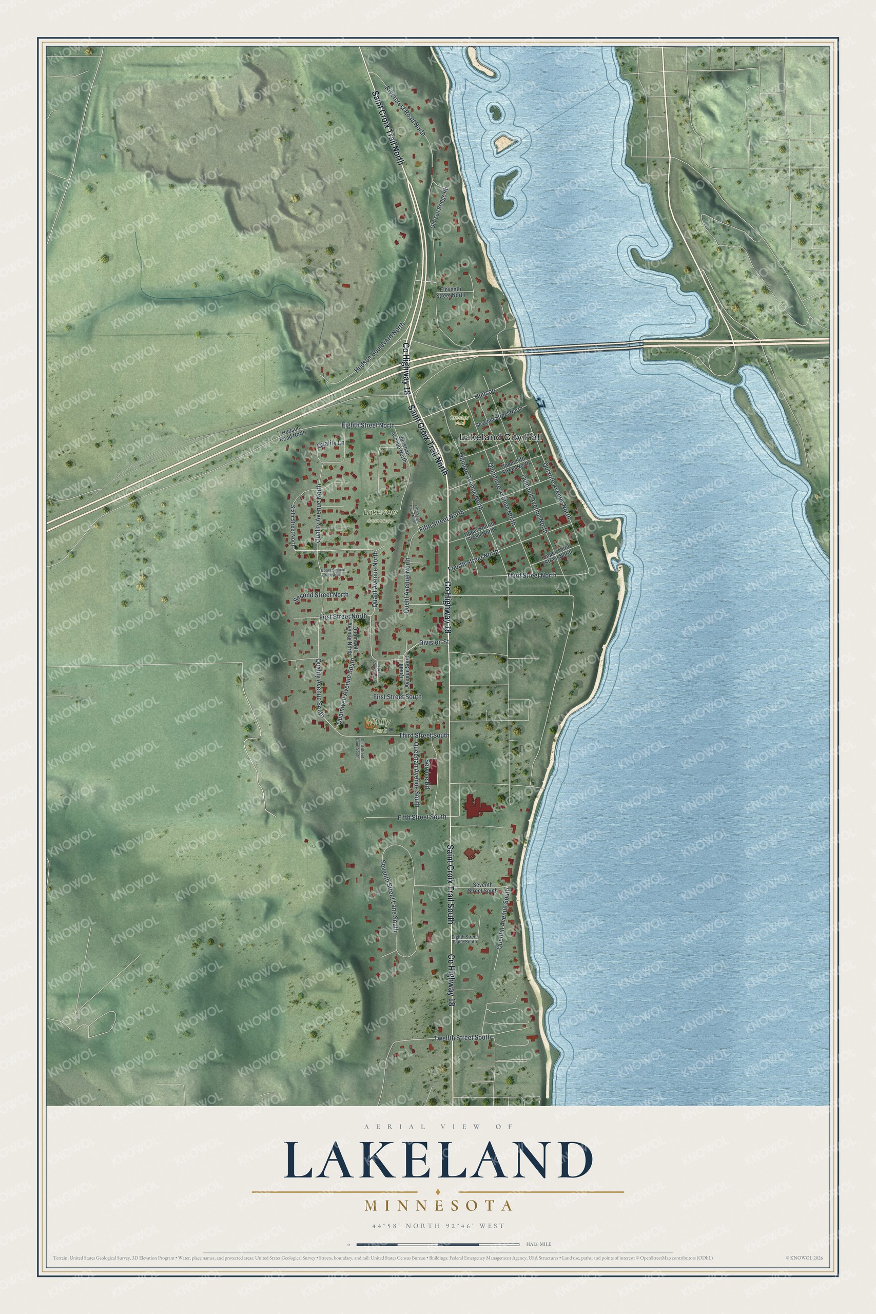 Full map of Lakeland, Minnesota, with red buildings, printed street names and the land around them