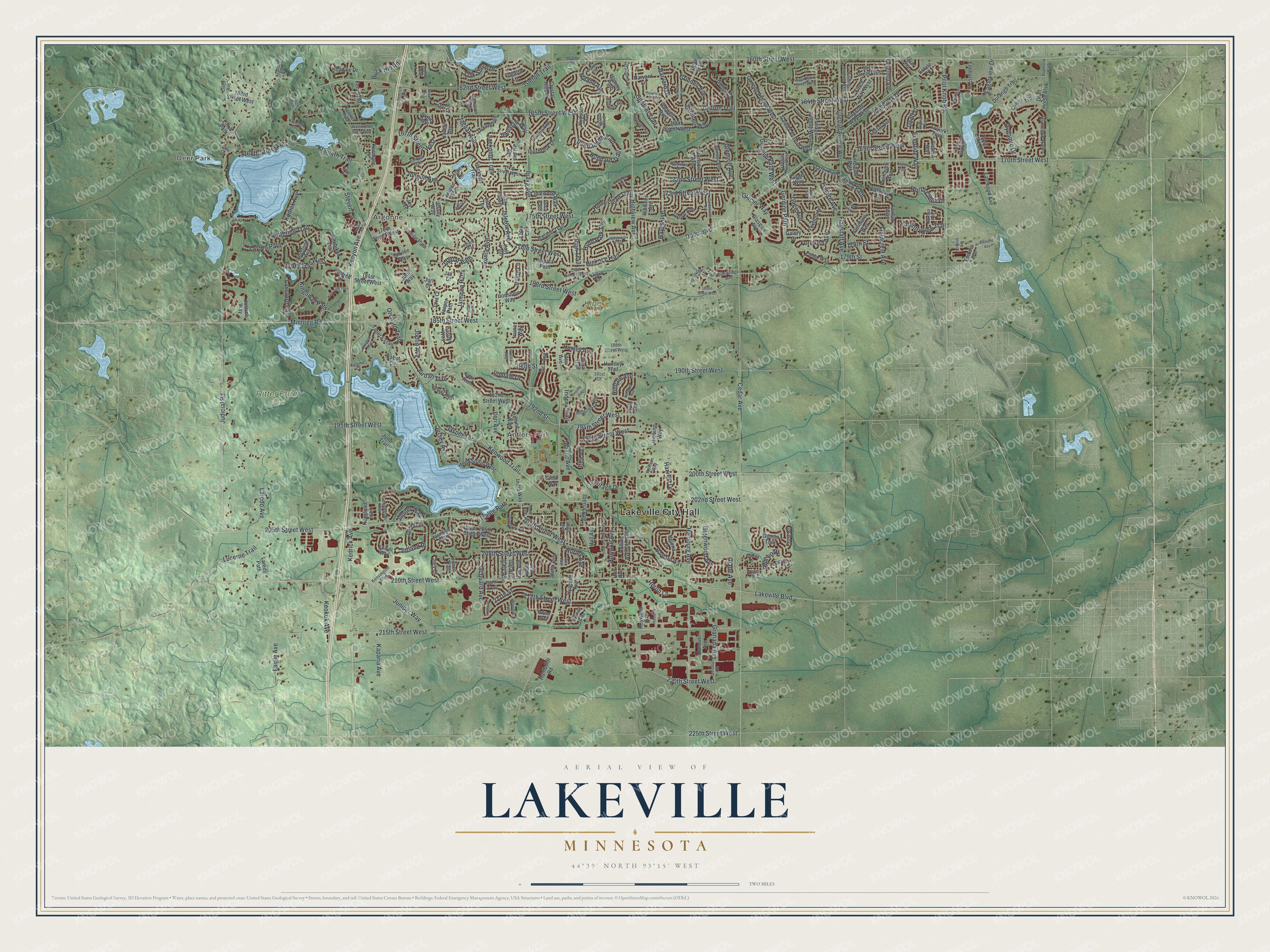 Full map of Lakeville, Minnesota, with red buildings, printed street names and the land around them