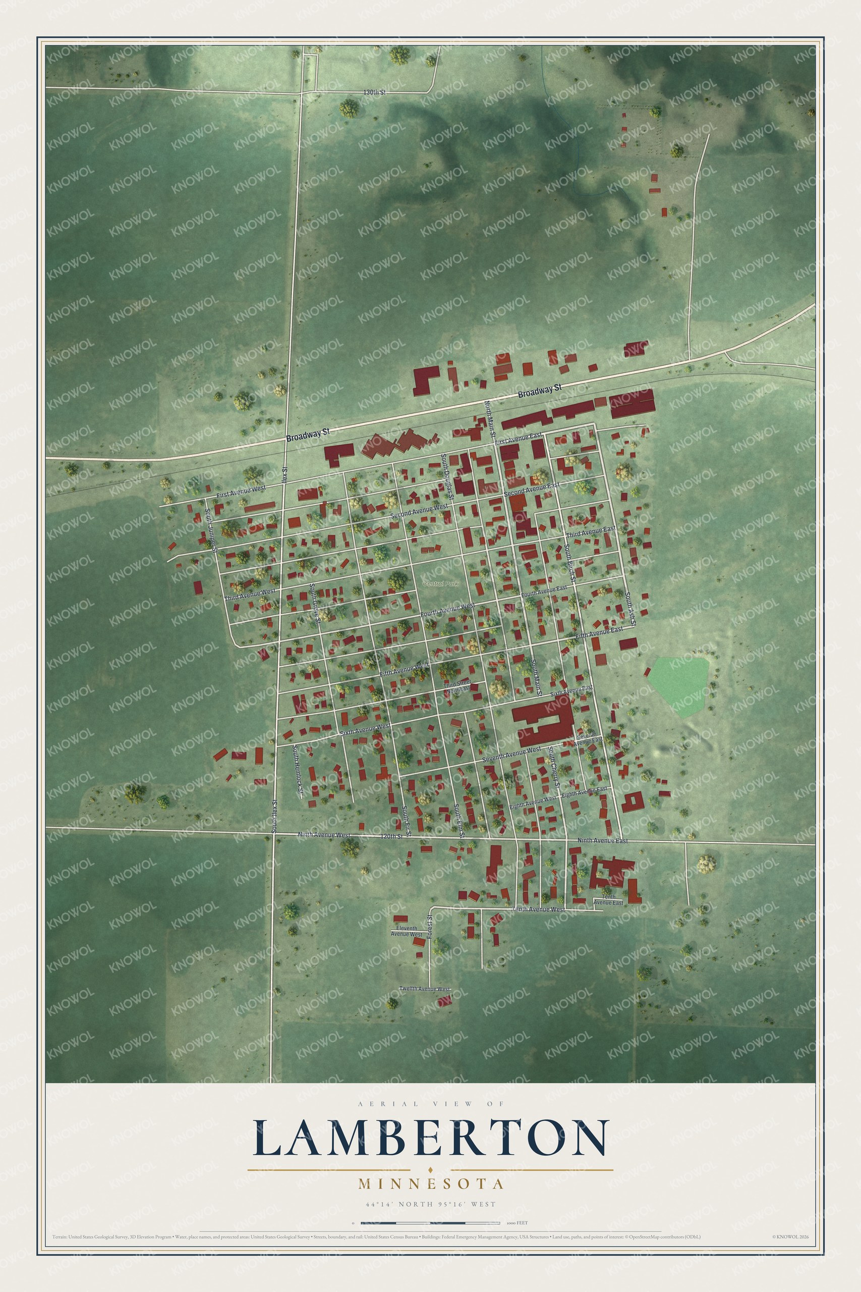 Full map of Lamberton, Minnesota, with red buildings, printed street names and the land around them