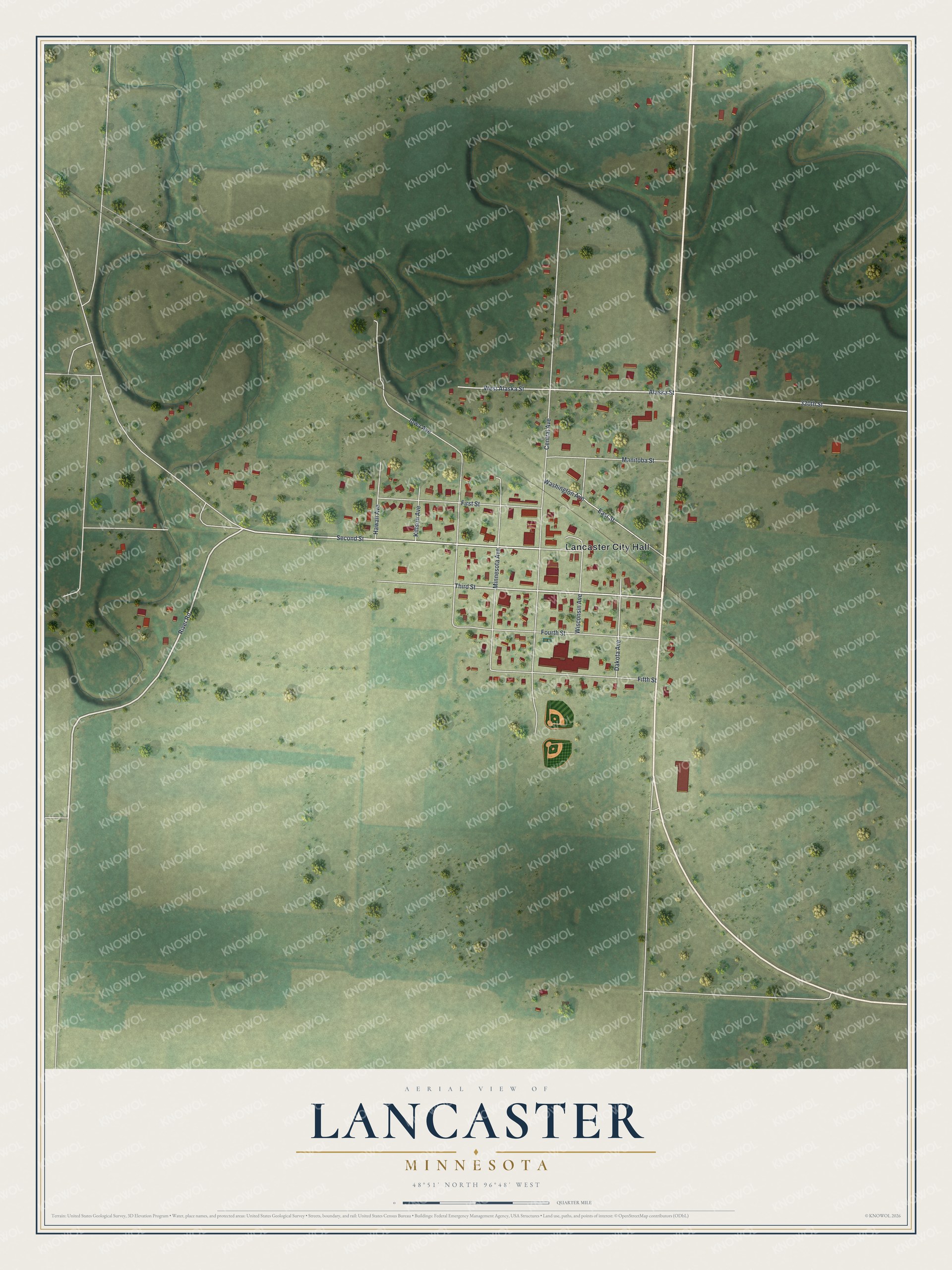 Full map of Lancaster, Minnesota, with red buildings, printed street names and the land around them