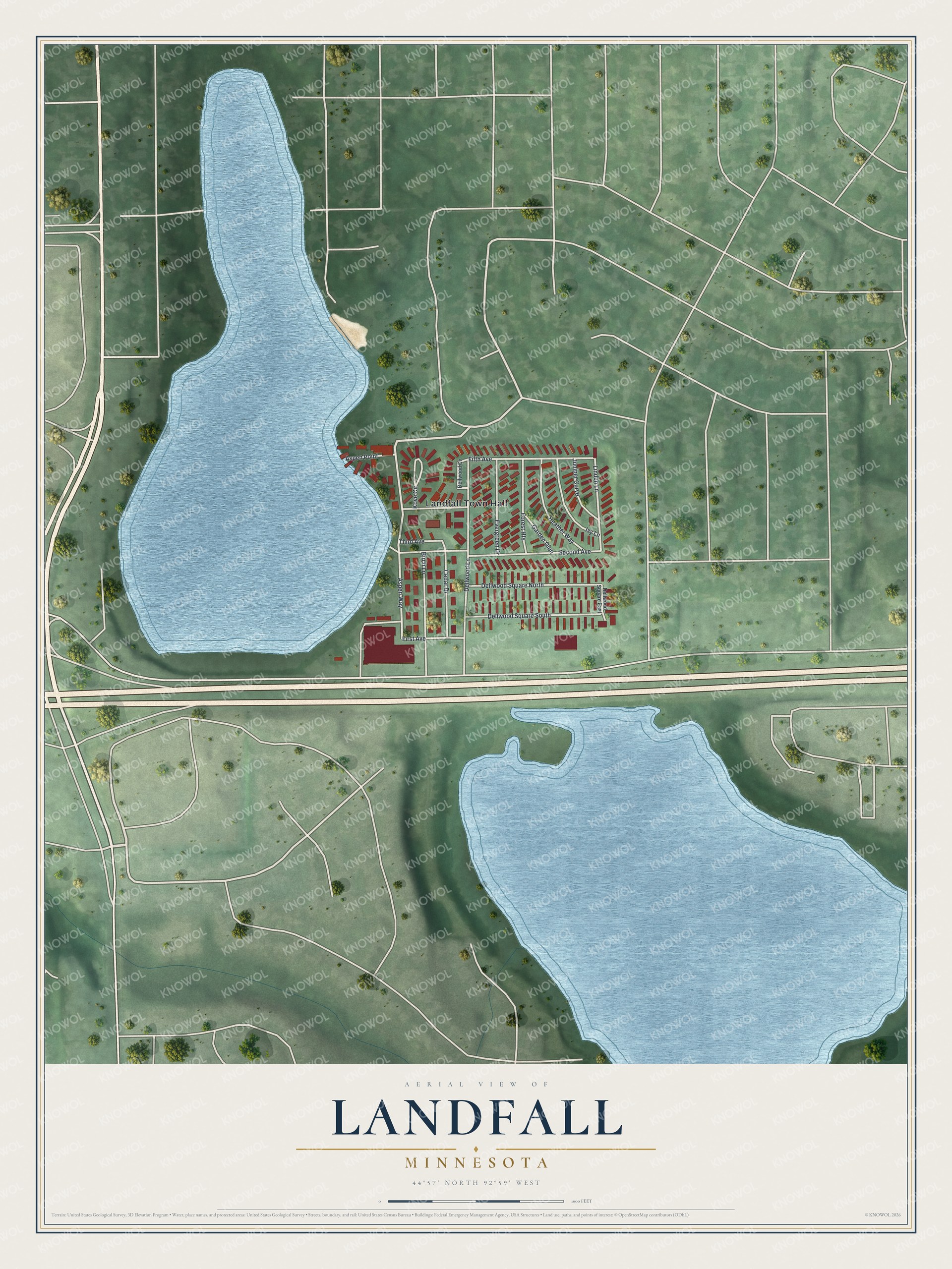 Full map of Landfall, Minnesota, with red buildings, printed street names and the land around them