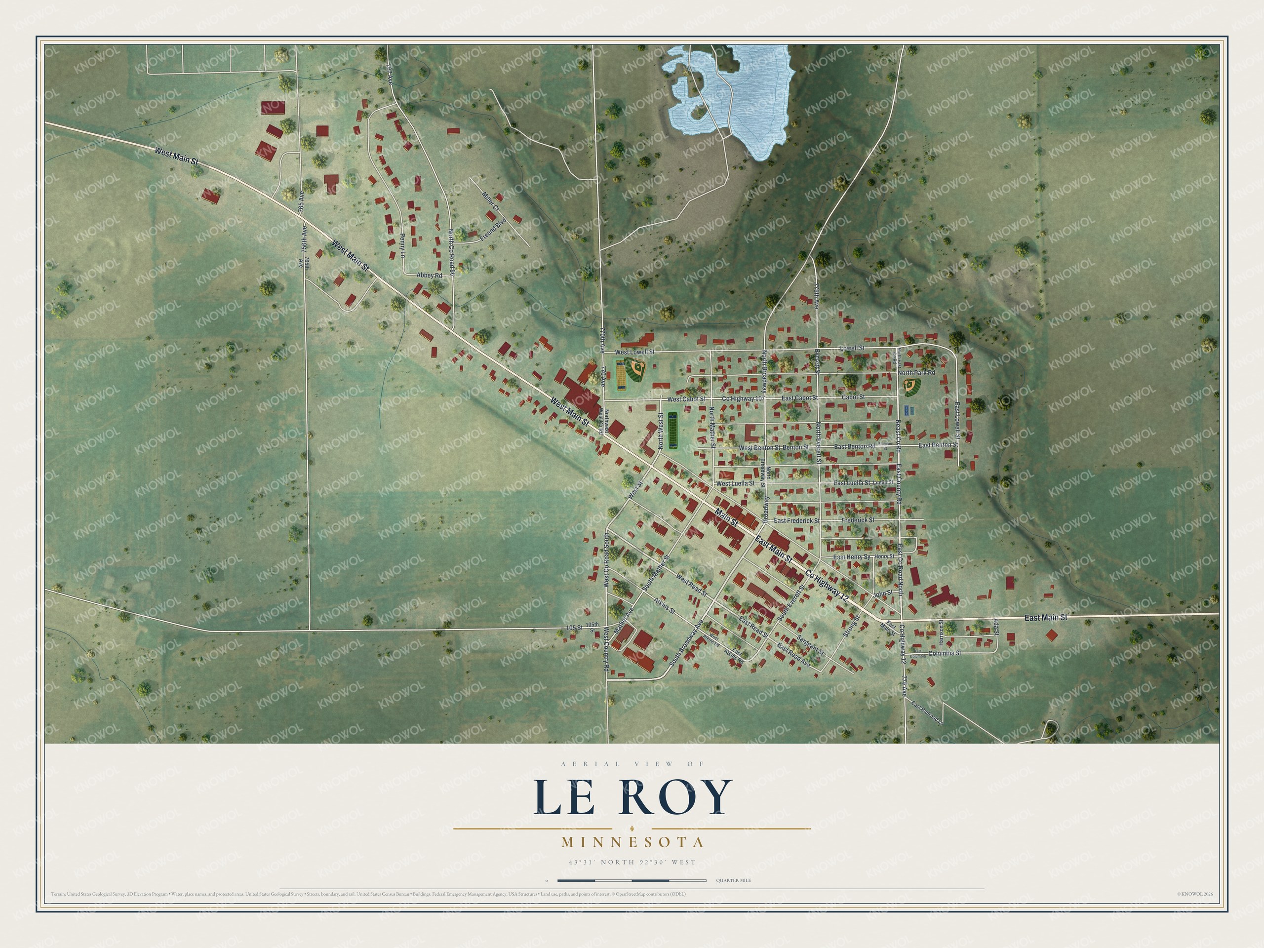 Full map of Le Roy, Minnesota, with red buildings, printed street names and the land around them
