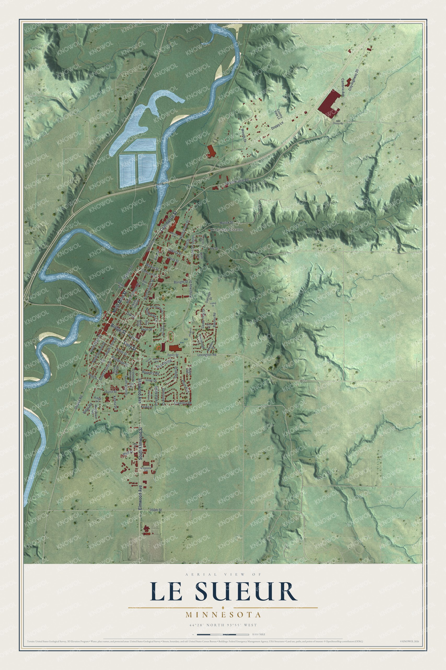 Full map of Le Sueur, Minnesota, with red buildings, printed street names and the land around them