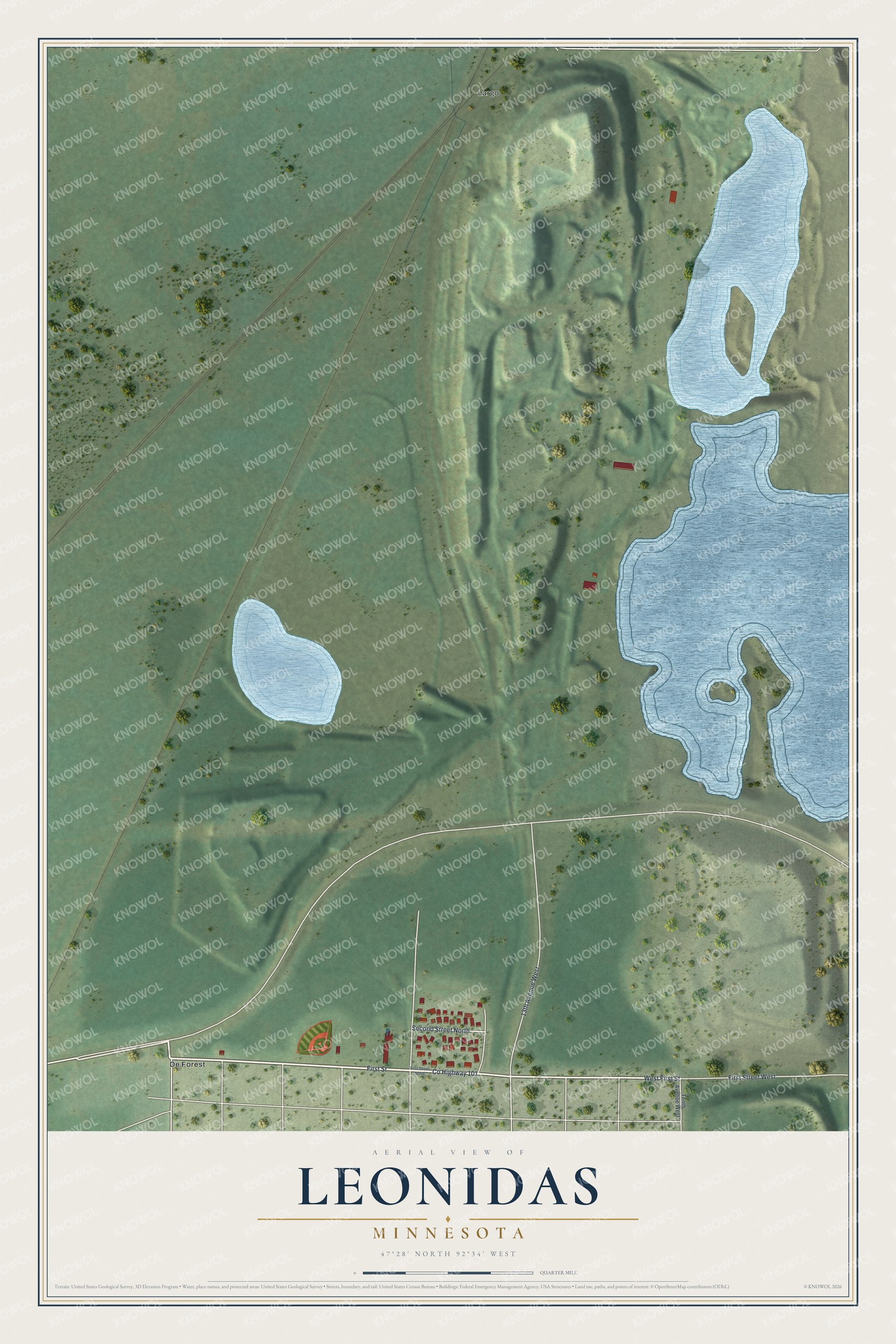 Full map of Leonidas, Minnesota, with red buildings, printed street names and the land around them