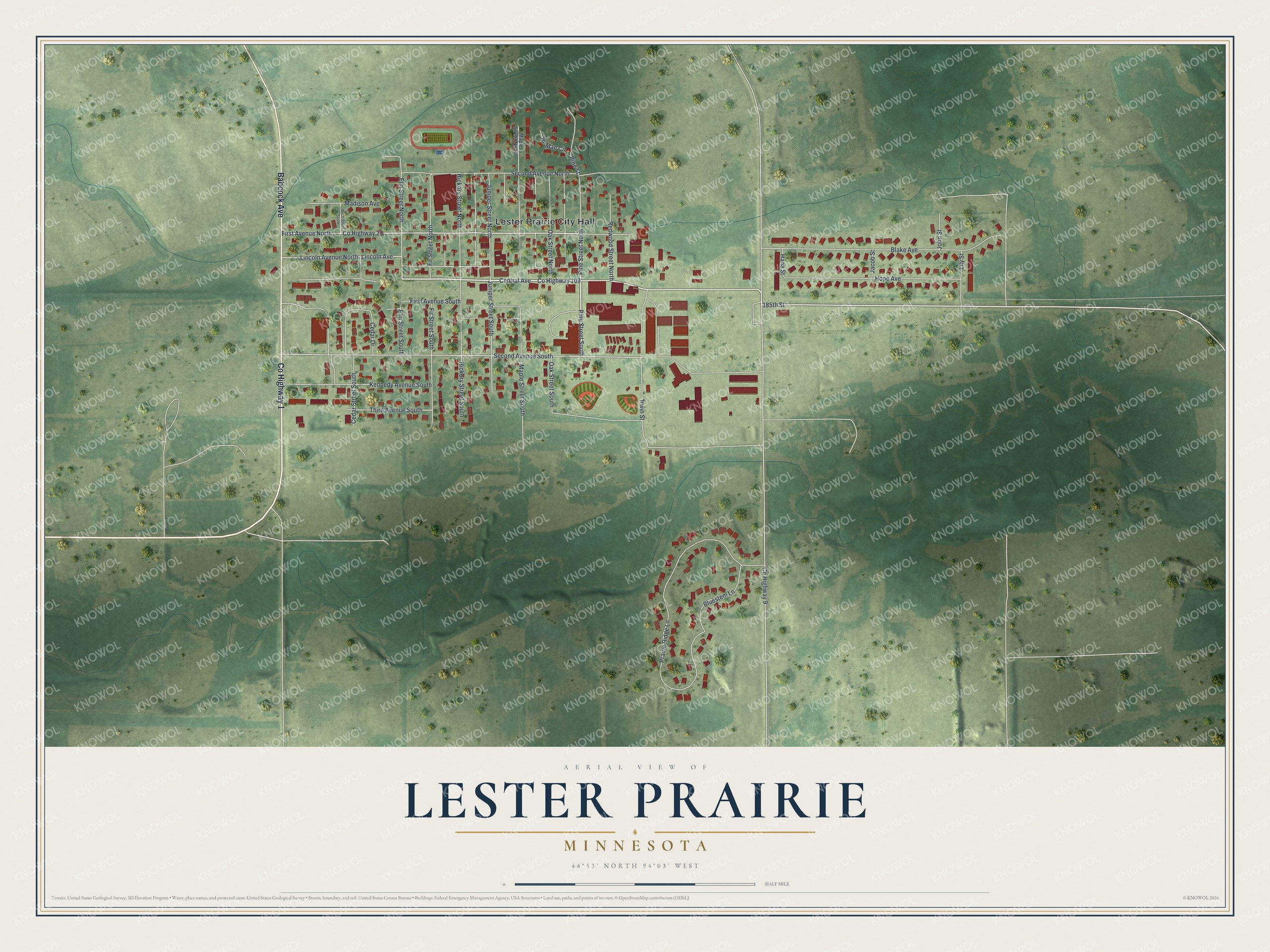 Full map of Lester Prairie, Minnesota, with red buildings, printed street names and the land around them