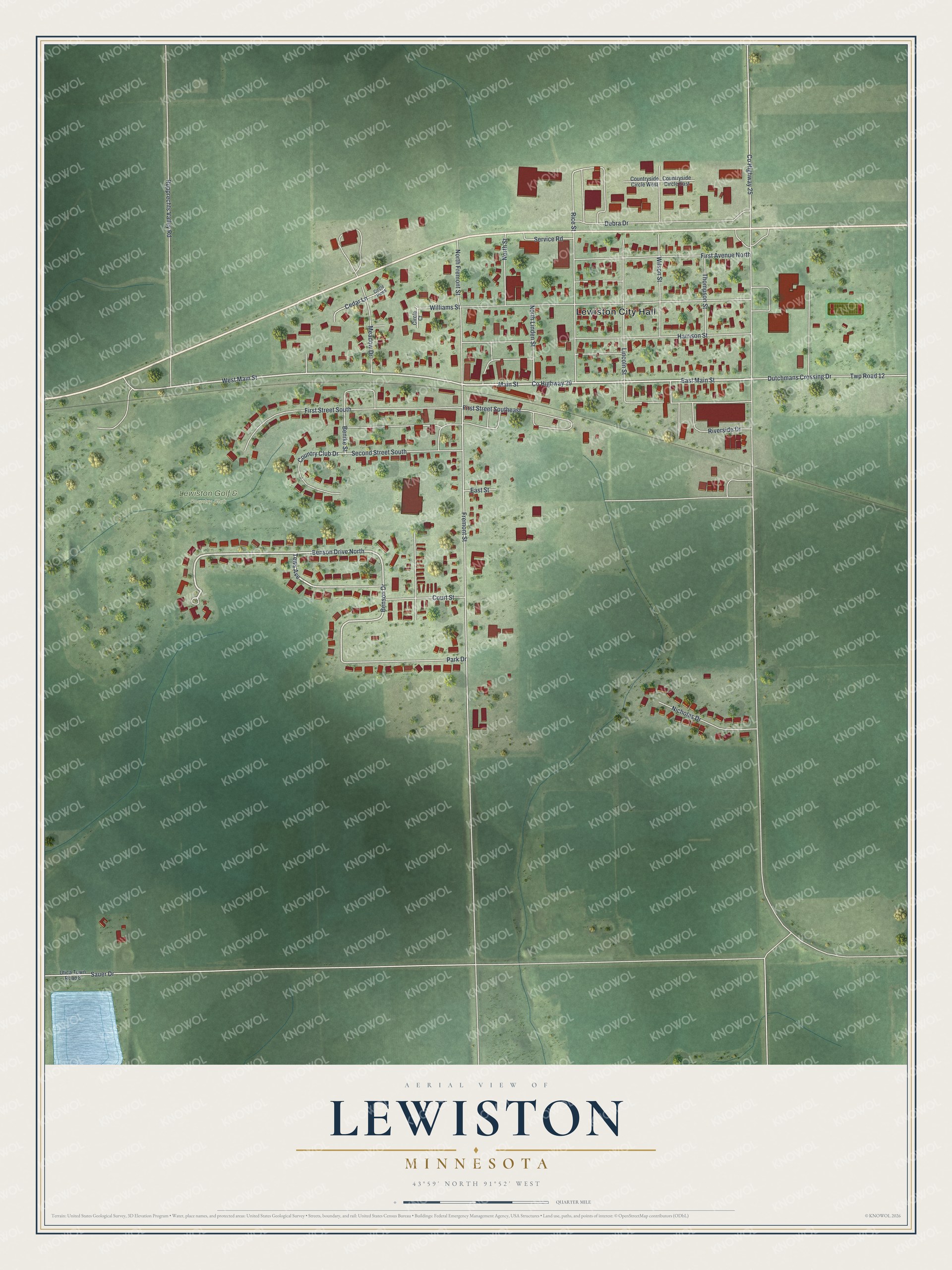 Full map of Lewiston, Minnesota, with red buildings, printed street names and the land around them