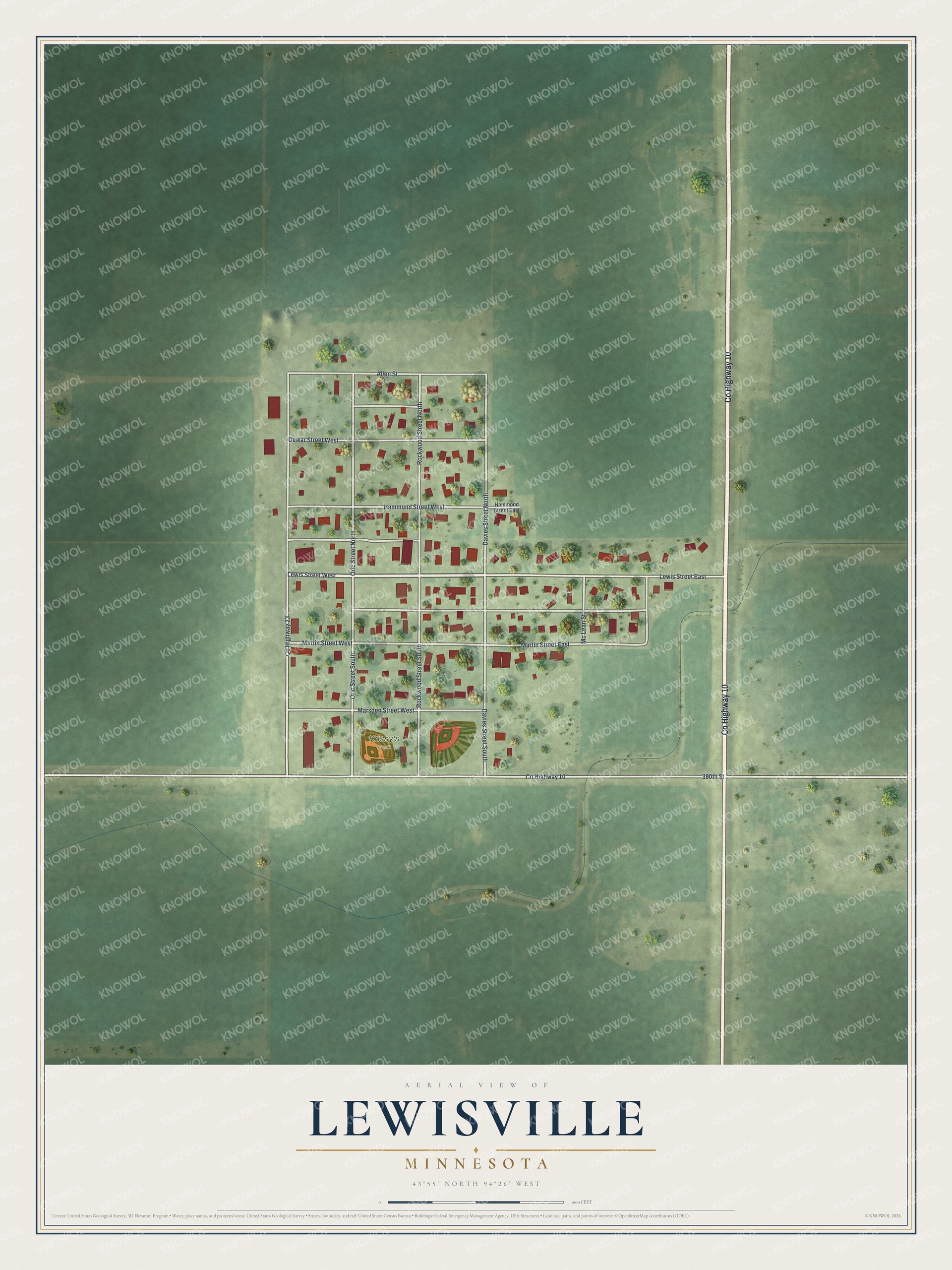 Full map of Lewisville, Minnesota, with red buildings, printed street names and the land around them