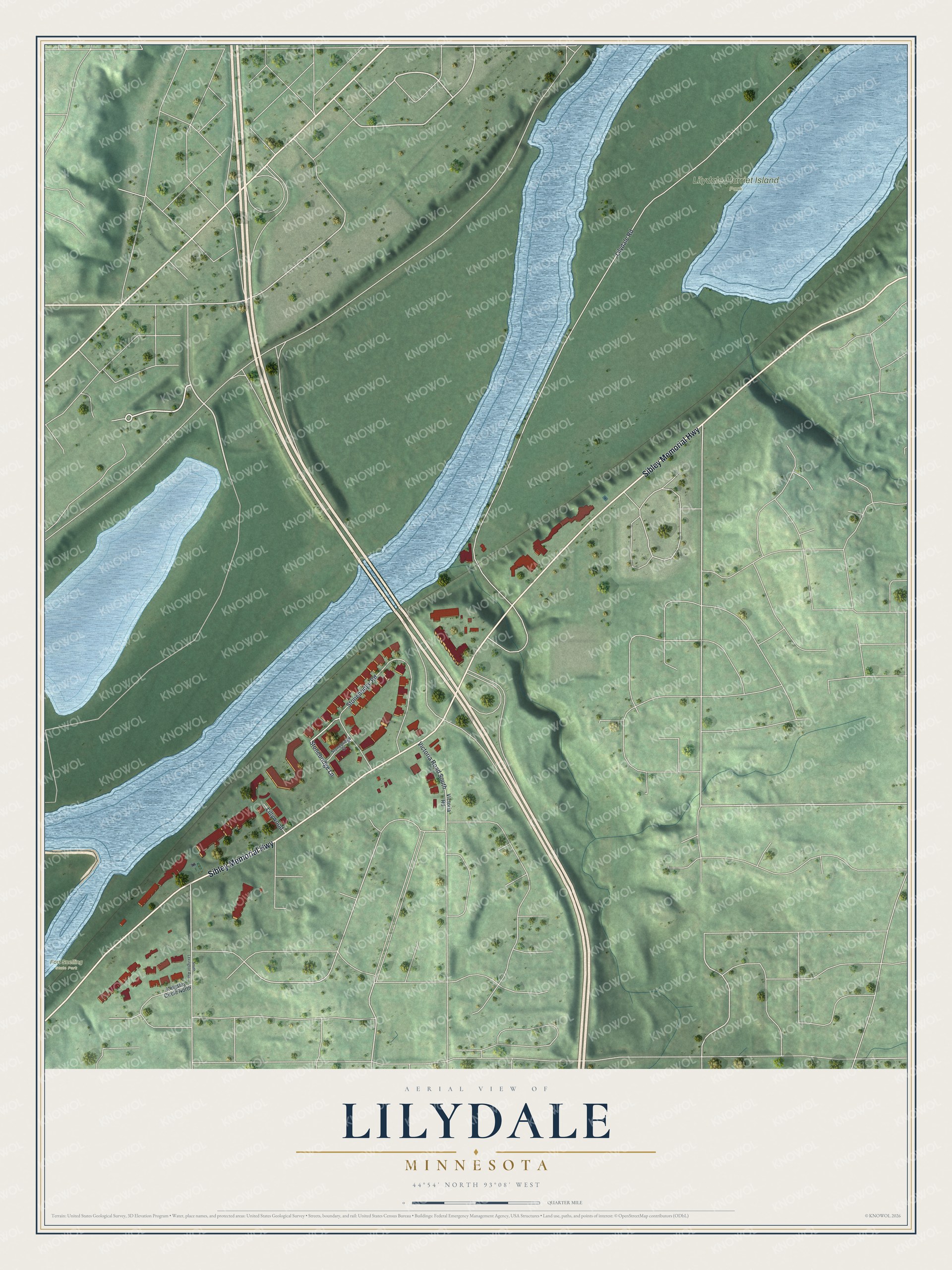 Full map of Lilydale, Minnesota, with red buildings, printed street names and the land around them