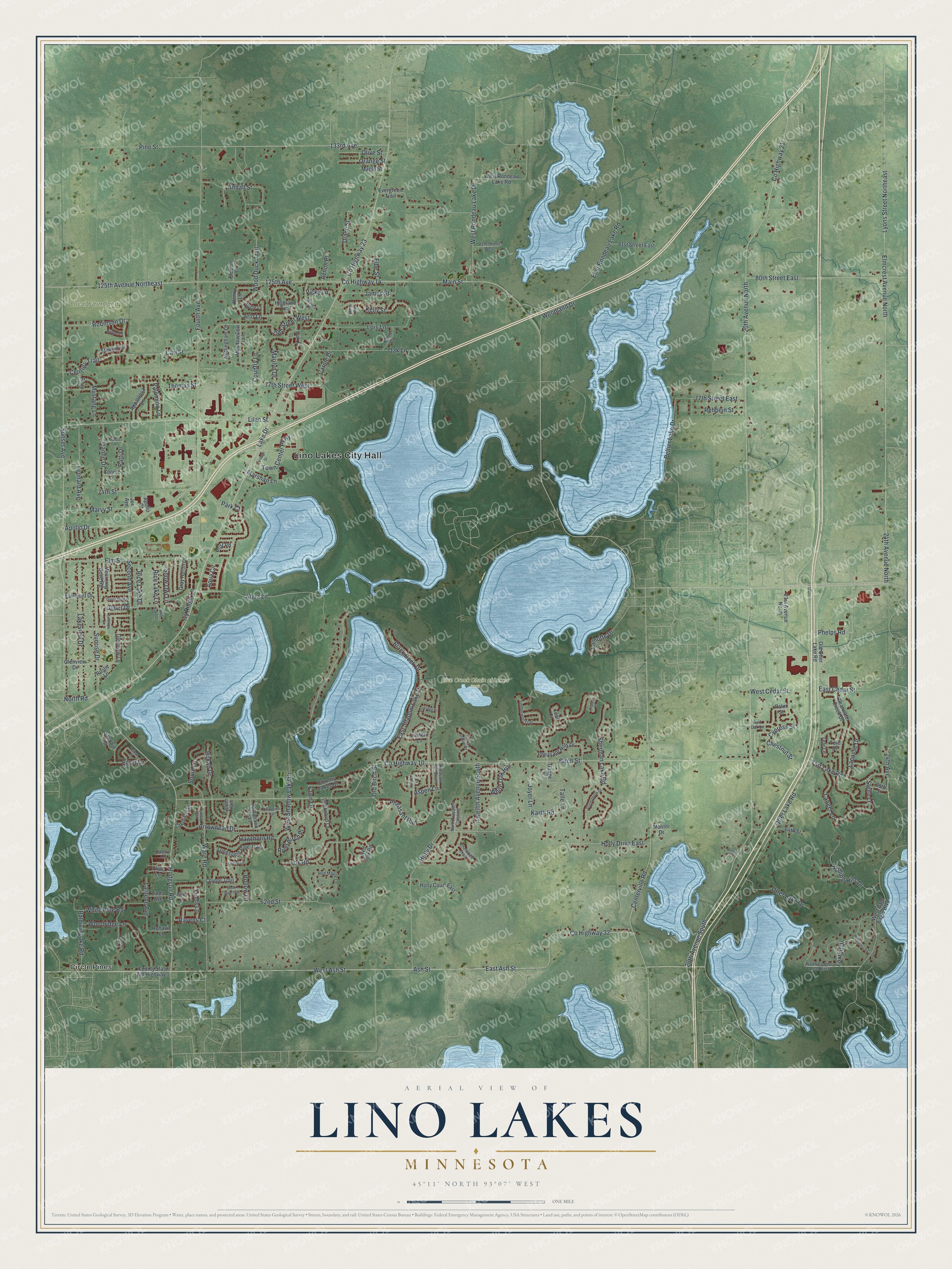 Full map of Lino Lakes, Minnesota, with red buildings, printed street names and the land around them