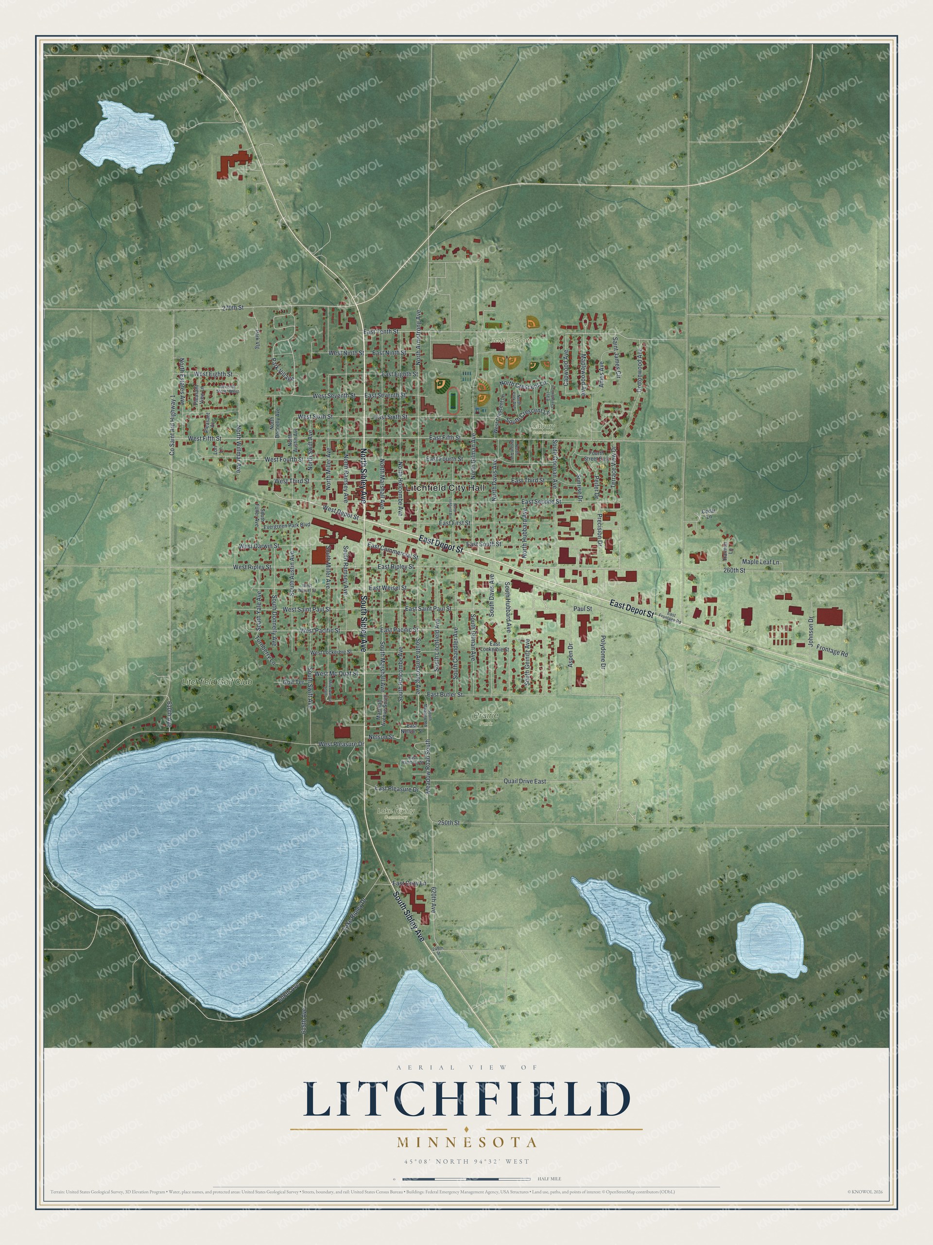 Full map of Litchfield, Minnesota, with red buildings, printed street names and the land around them