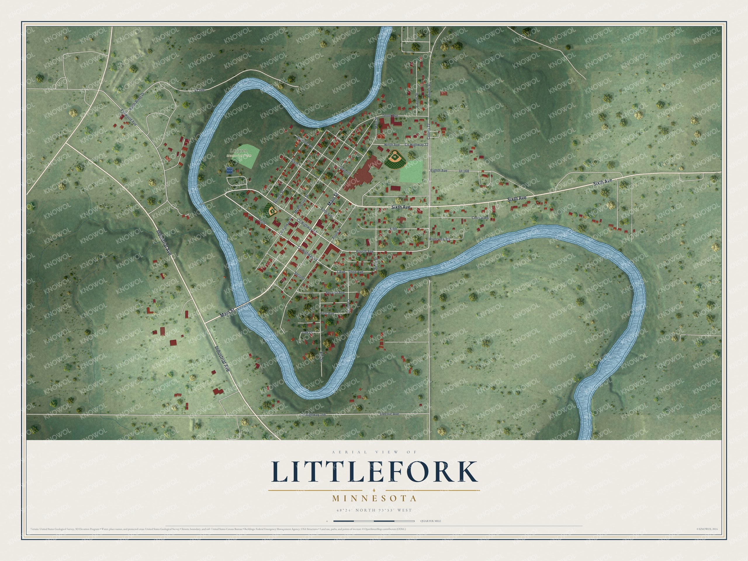 Full map of Littlefork, Minnesota, with red buildings, printed street names and the land around them