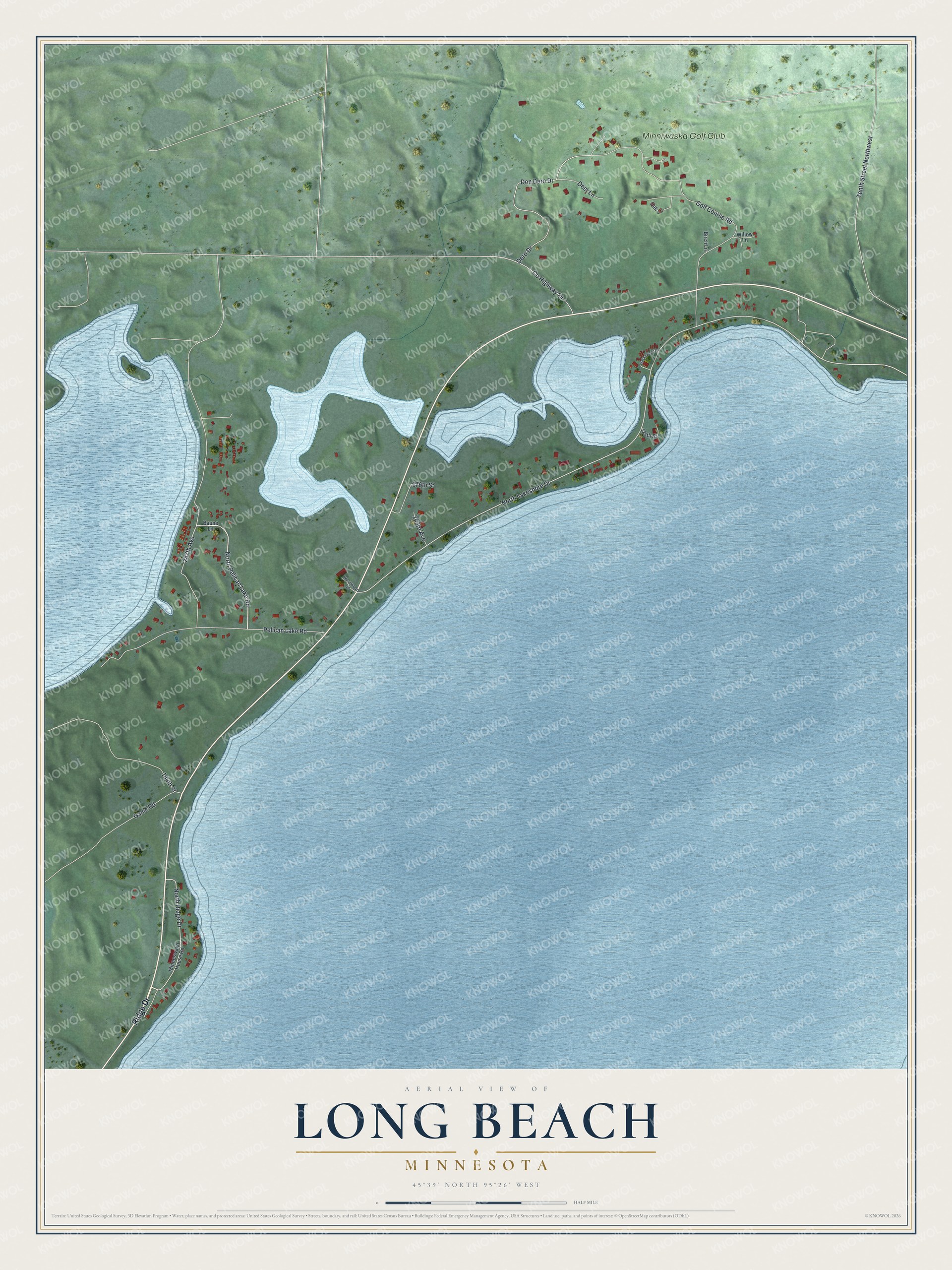 Full map of Long Beach, Minnesota, with red buildings, printed street names and the land around them