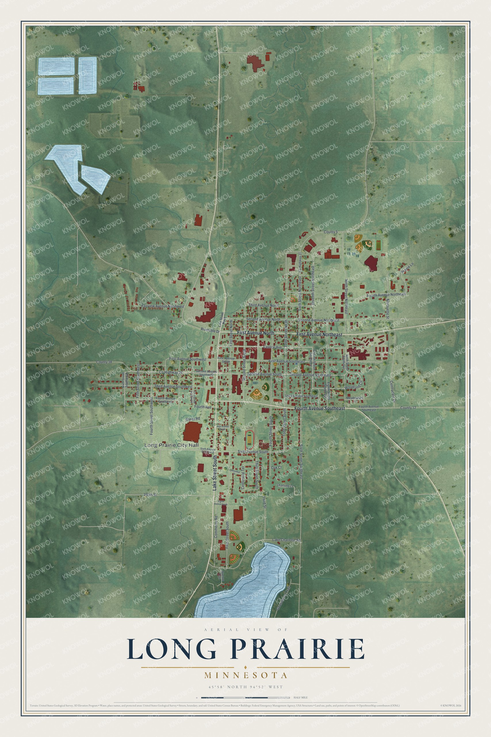 Full map of Long Prairie, Minnesota, with red buildings, printed street names and the land around them