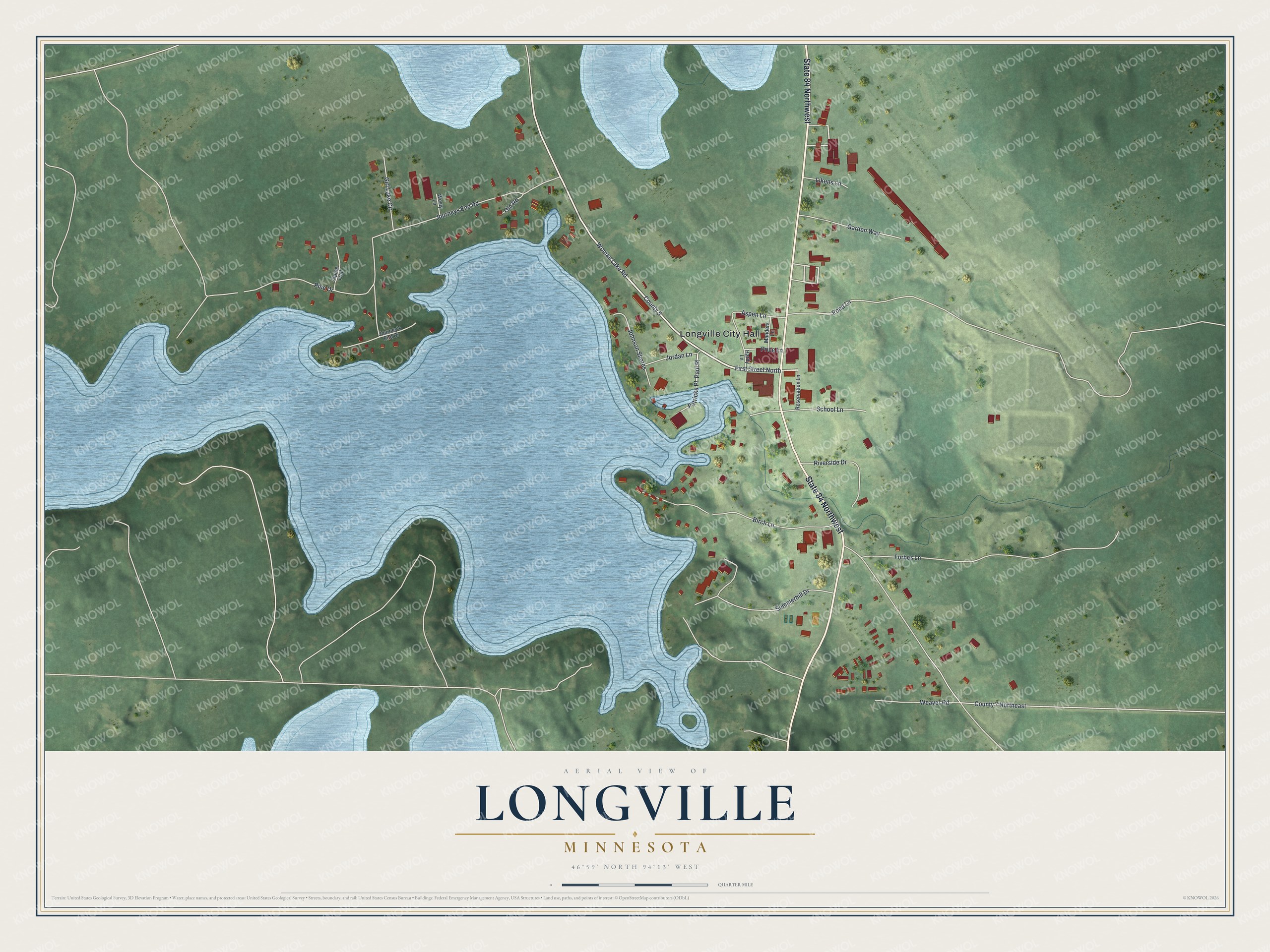 Full map of Longville, Minnesota, with red buildings, printed street names and the land around them