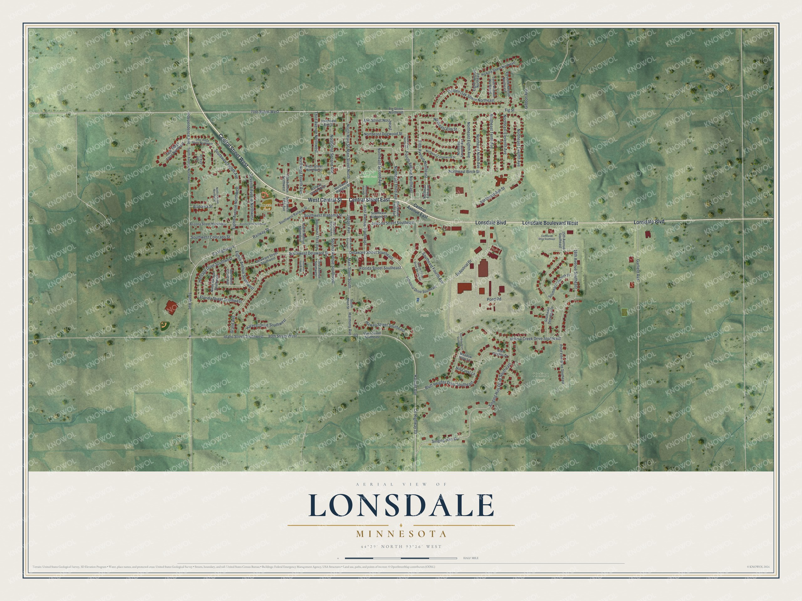 Full map of Lonsdale, Minnesota, with red buildings, printed street names and the land around them