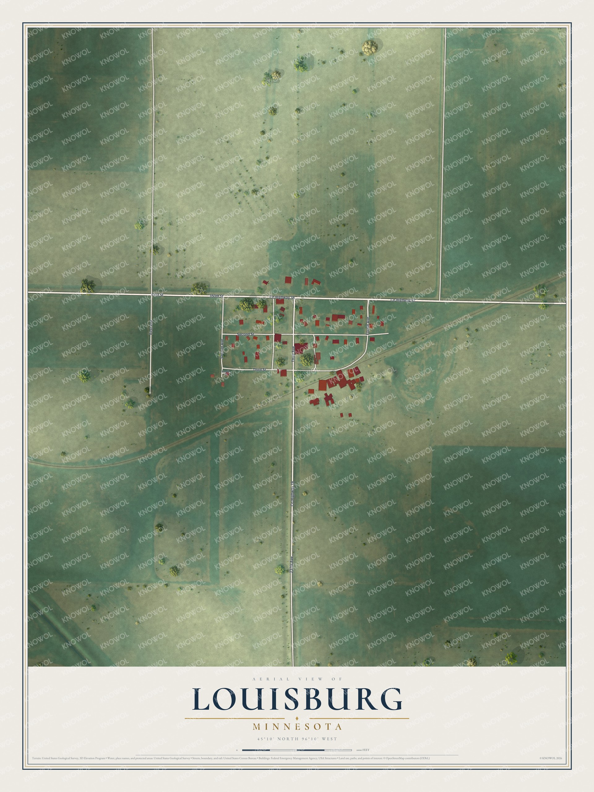 Full map of Louisburg, Minnesota, with red buildings, printed street names and the land around them